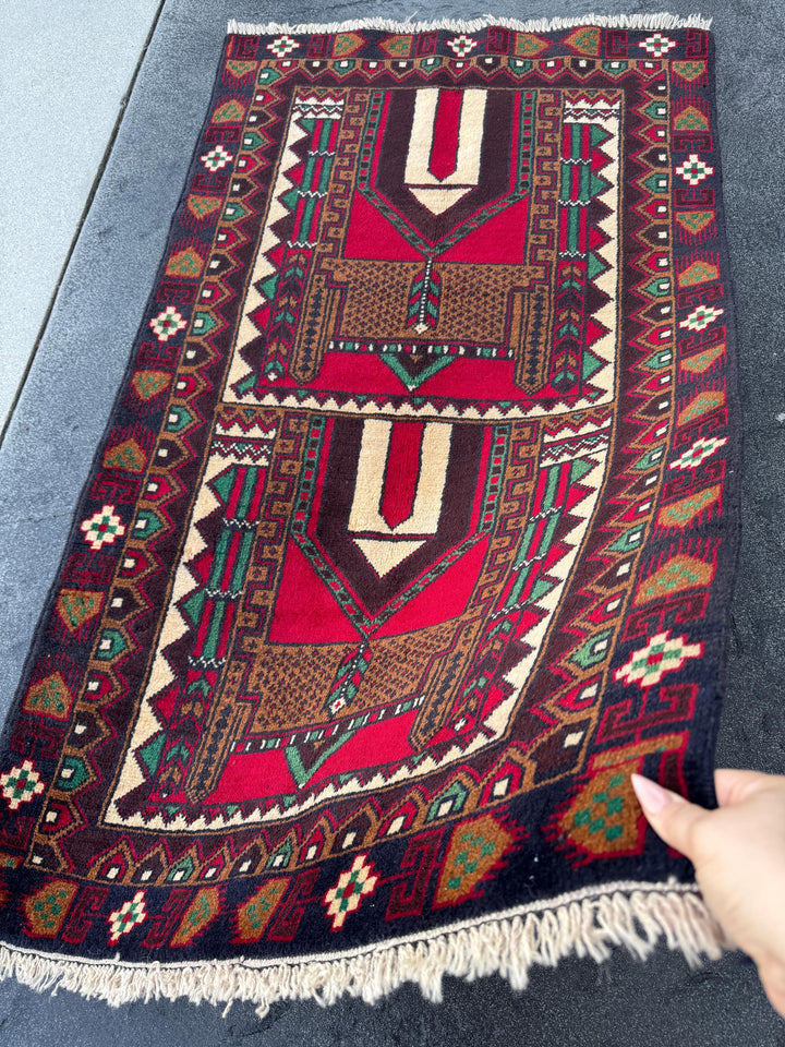 3x5 (91x152) Handmade Vintage Afghan Baluch Rug | Coffee Espresso Brown Maroon Crimson Blood Red Cream Forest Green Black White Black | Wool