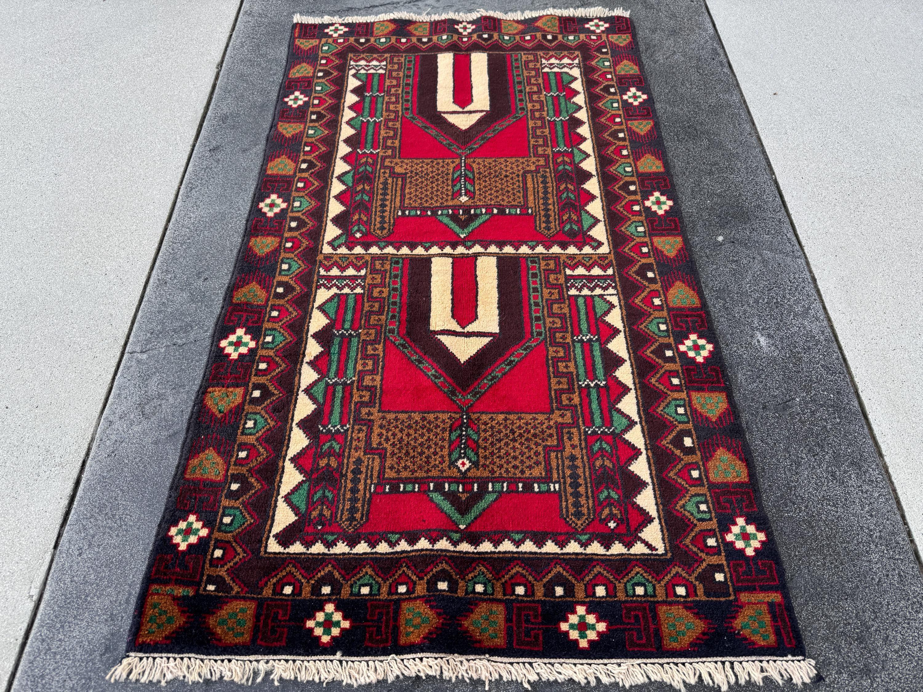 3x5 (91x152) Handmade Vintage Afghan Baluch Rug | Coffee Espresso Brown Maroon Crimson Blood Red Cream Forest Green Black White Black | Wool
