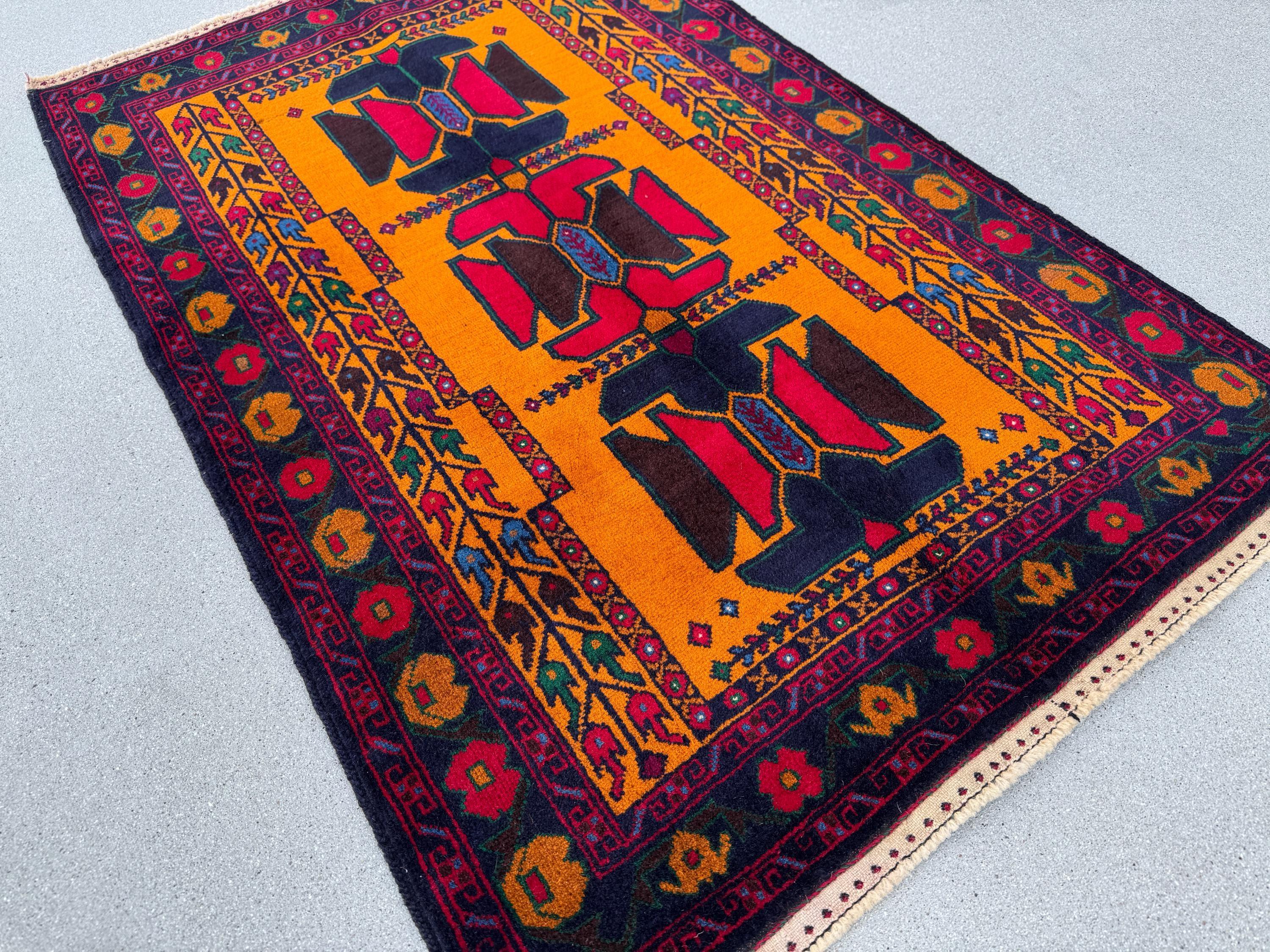 3x5 (91x152) Handmade Vintage Afghan Baluch Rug | Orange Scarlet Crimson Red Burgundy Navy Blue Plum Denim Forest Green White Gold | Wool