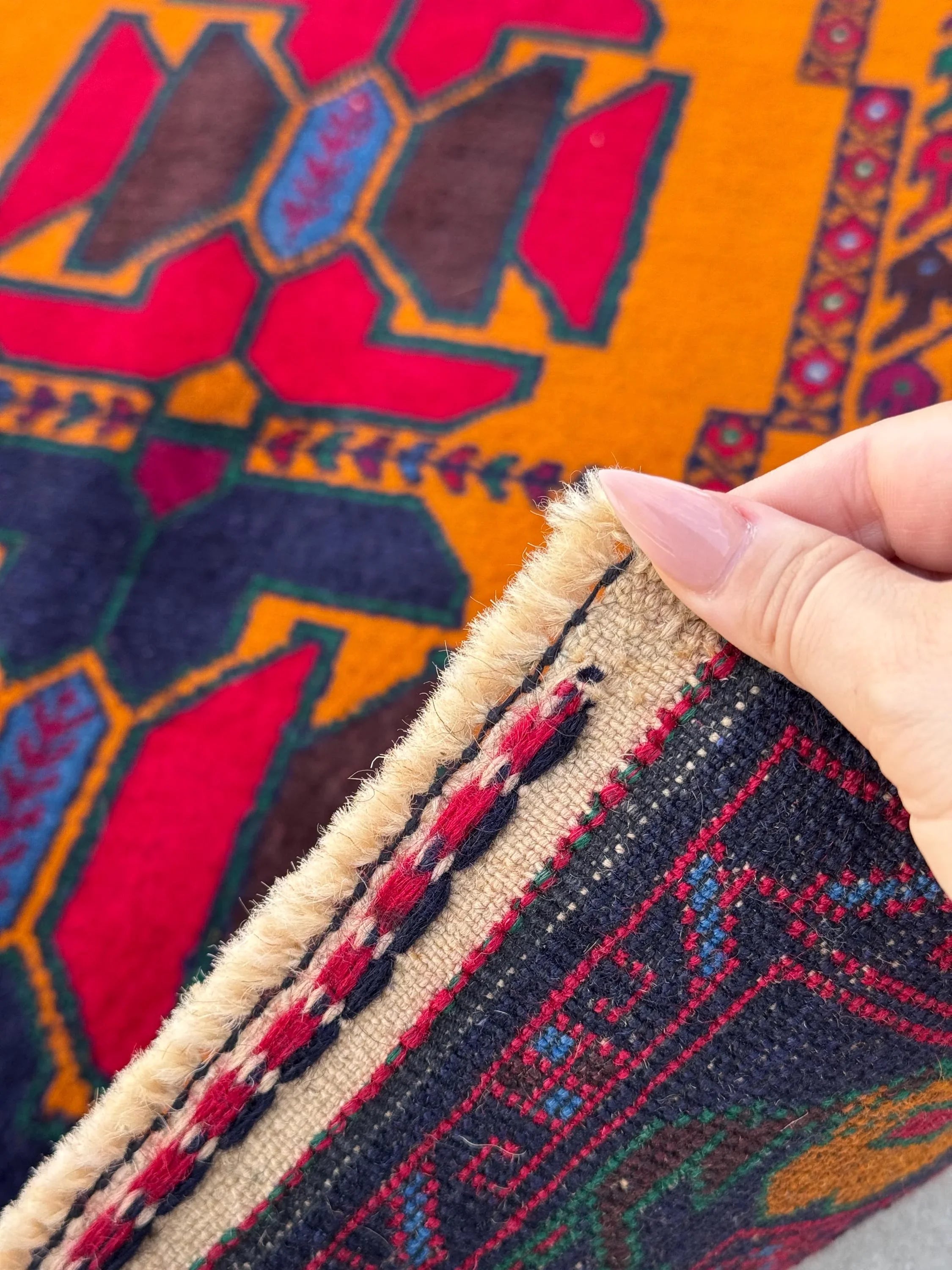 3x5 (91x152) Handmade Vintage Afghan Baluch Rug | Orange Scarlet Crimson Red Burgundy Navy Blue Plum Denim Forest Green White Gold | Wool