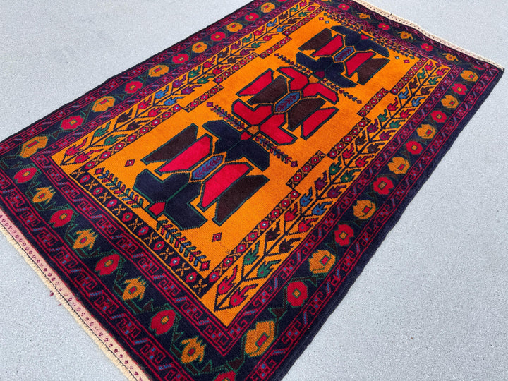3x5 (91x152) Handmade Vintage Afghan Baluch Rug | Orange Scarlet Crimson Red Burgundy Navy Blue Plum Denim Forest Green White Gold | Wool