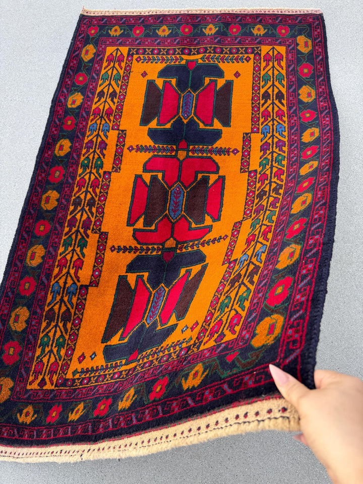 3x5 (91x152) Handmade Vintage Afghan Baluch Rug | Orange Scarlet Crimson Red Burgundy Navy Blue Plum Denim Forest Green White Gold | Wool