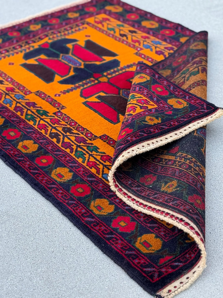 3x5 (91x152) Handmade Vintage Afghan Baluch Rug | Orange Scarlet Crimson Red Burgundy Navy Blue Plum Denim Forest Green White Gold | Wool