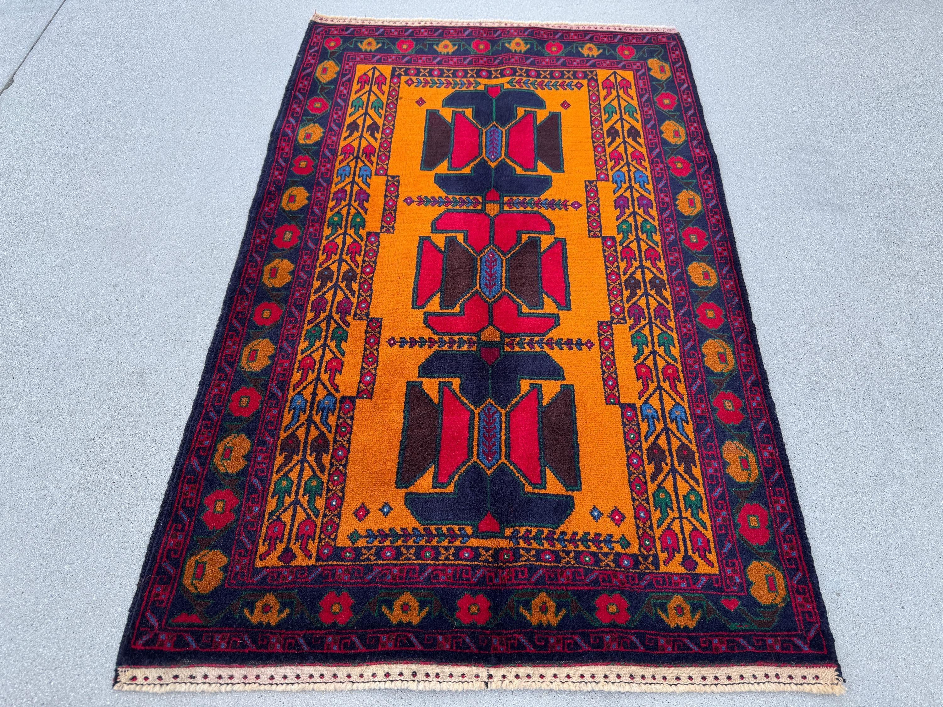 3x5 (91x152) Handmade Vintage Afghan Baluch Rug | Orange Scarlet Crimson Red Burgundy Navy Blue Plum Denim Forest Green White Gold | Wool