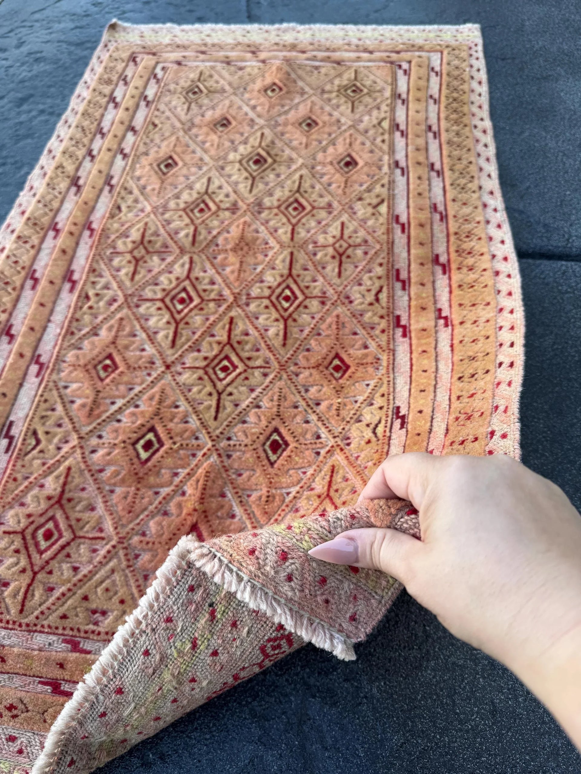 2x4 (60x121) Handmade Afghan Vintage Barjasta Rug | Salmon Blush Coral Pink Cream White Blood Crimson Burgundy Red Saffron | Wool