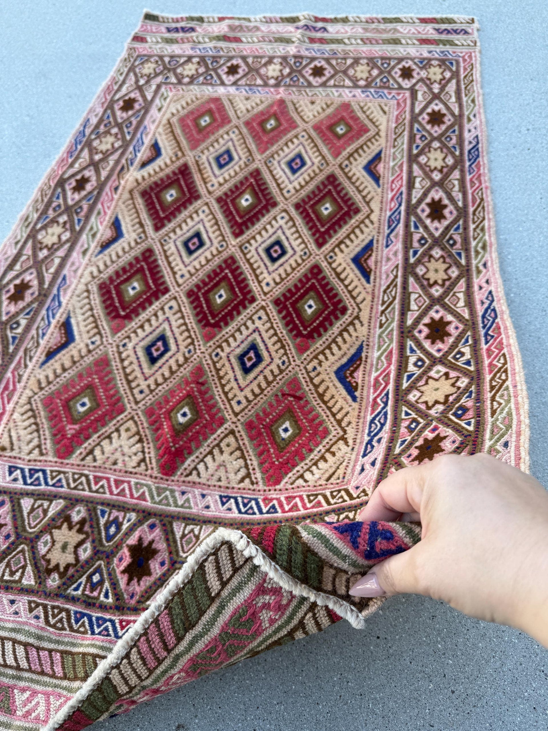 2x4 (60x121) Handmade Afghan Vintage Barjasta Rug | Salmon Baby Pink Navy Blue Burgundy Crimson Red Olive Green Saffron White Cream | Wool