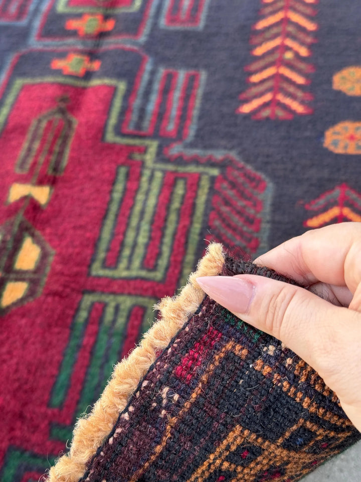 3x5 (91x152) Handmade Vintage Afghan Baluch Rug | Midnight Deni Blue Forest Pine Green Burnt Orange Cream Blood Red Yellow Eggplant | Wool