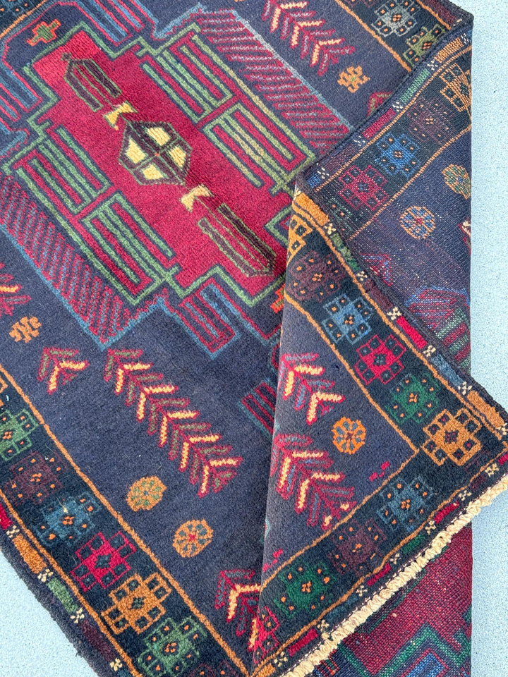 3x5 (91x152) Handmade Vintage Afghan Baluch Rug | Midnight Deni Blue Forest Pine Green Burnt Orange Cream Blood Red Yellow Eggplant | Wool