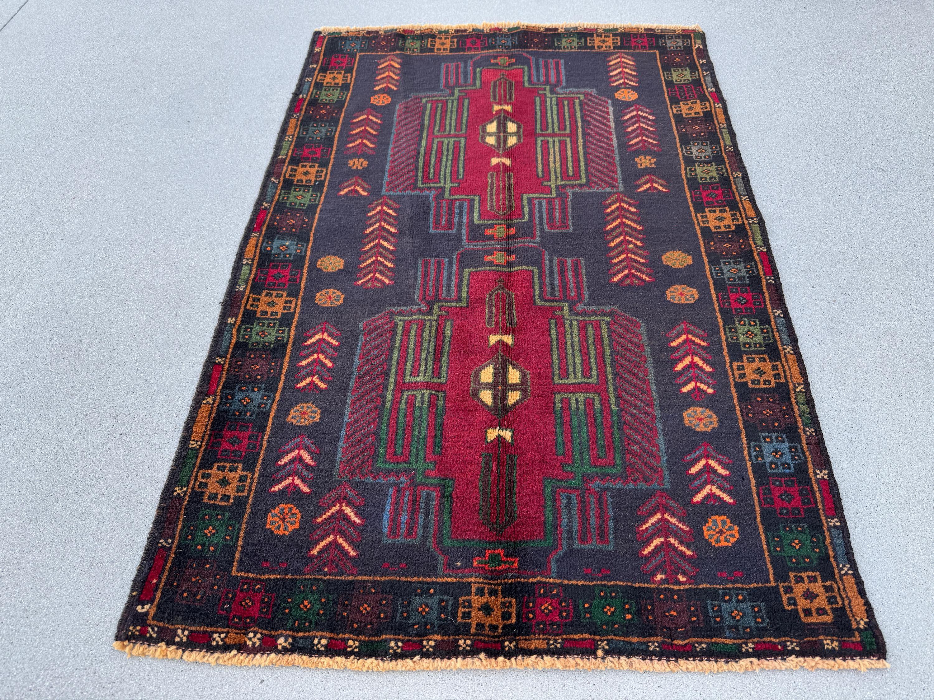 3x5 (91x152) Handmade Vintage Afghan Baluch Rug | Midnight Deni Blue Forest Pine Green Burnt Orange Cream Blood Red Yellow Eggplant | Wool