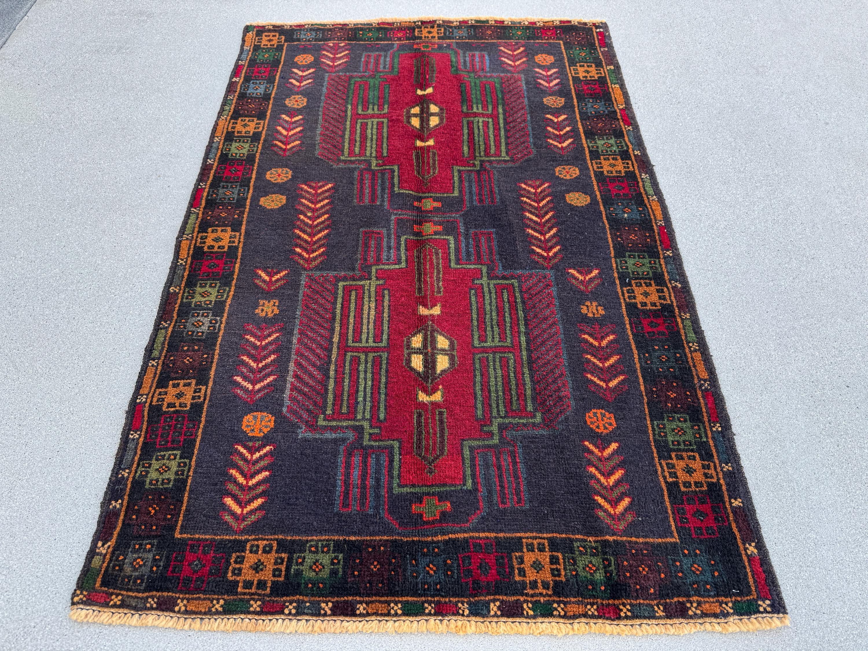 3x5 (91x152) Handmade Vintage Afghan Baluch Rug | Midnight Deni Blue Forest Pine Green Burnt Orange Cream Blood Red Yellow Eggplant | Wool