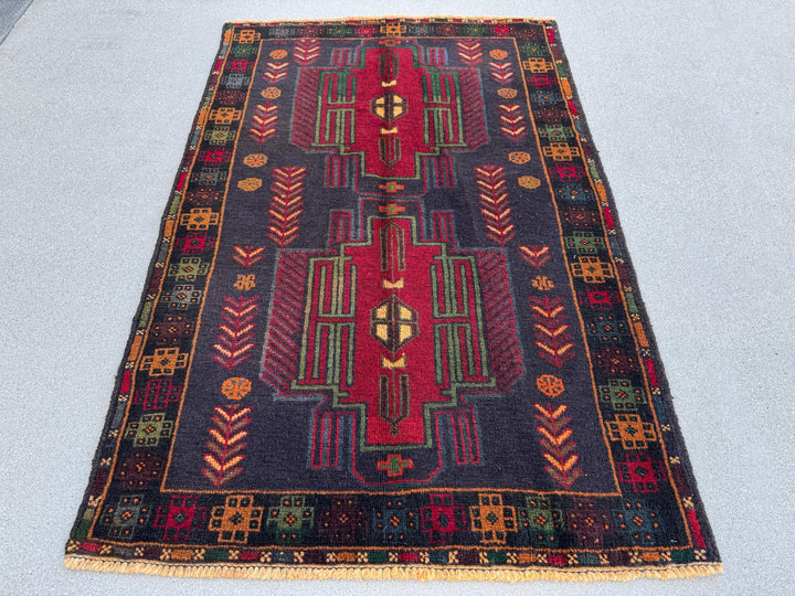 3x5 (91x152) Handmade Vintage Afghan Baluch Rug | Midnight Deni Blue Forest Pine Green Burnt Orange Cream Blood Red Yellow Eggplant | Wool