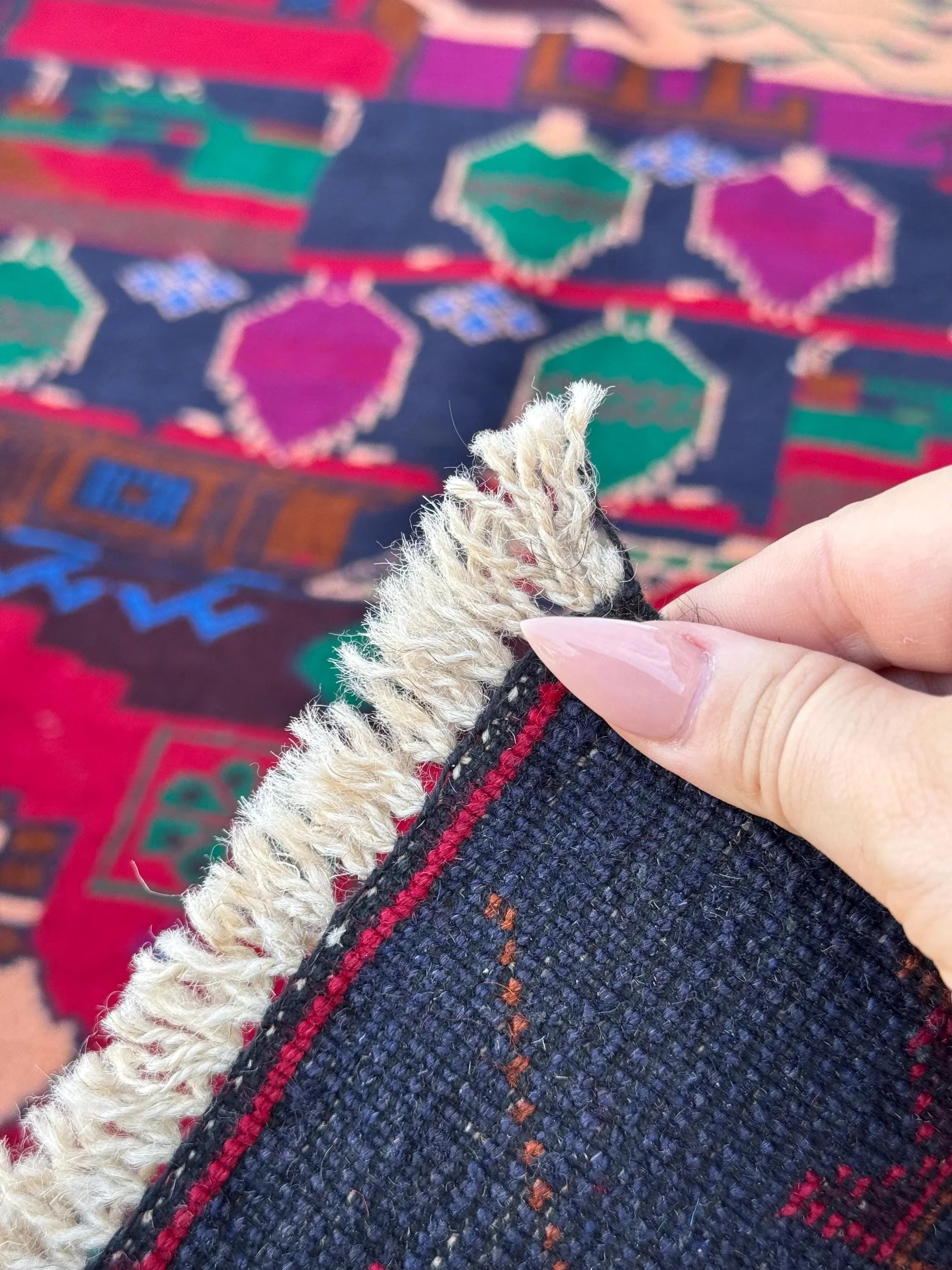 3x5 (91x152) Handmade Vintage Afghan Baluch Rug | Navy Midnight Denim Blue Crimson Maroon Red Plum Purple Forest Green Cream Black | Wool