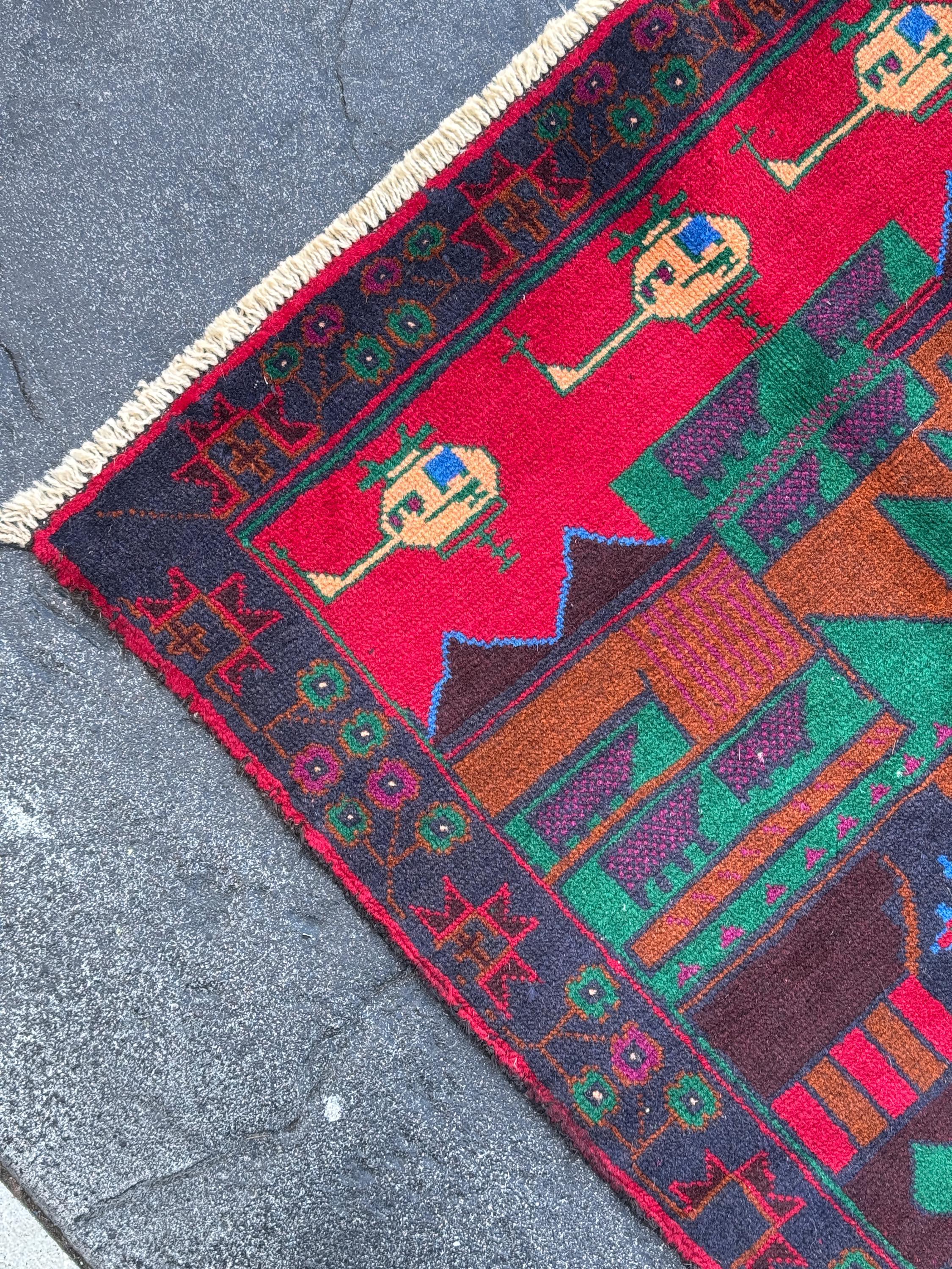 3x5 (91x152) Handmade Vintage Afghan Baluch Rug | Navy Midnight Denim Blue Crimson Maroon Red Plum Purple Forest Green Cream Black | Wool