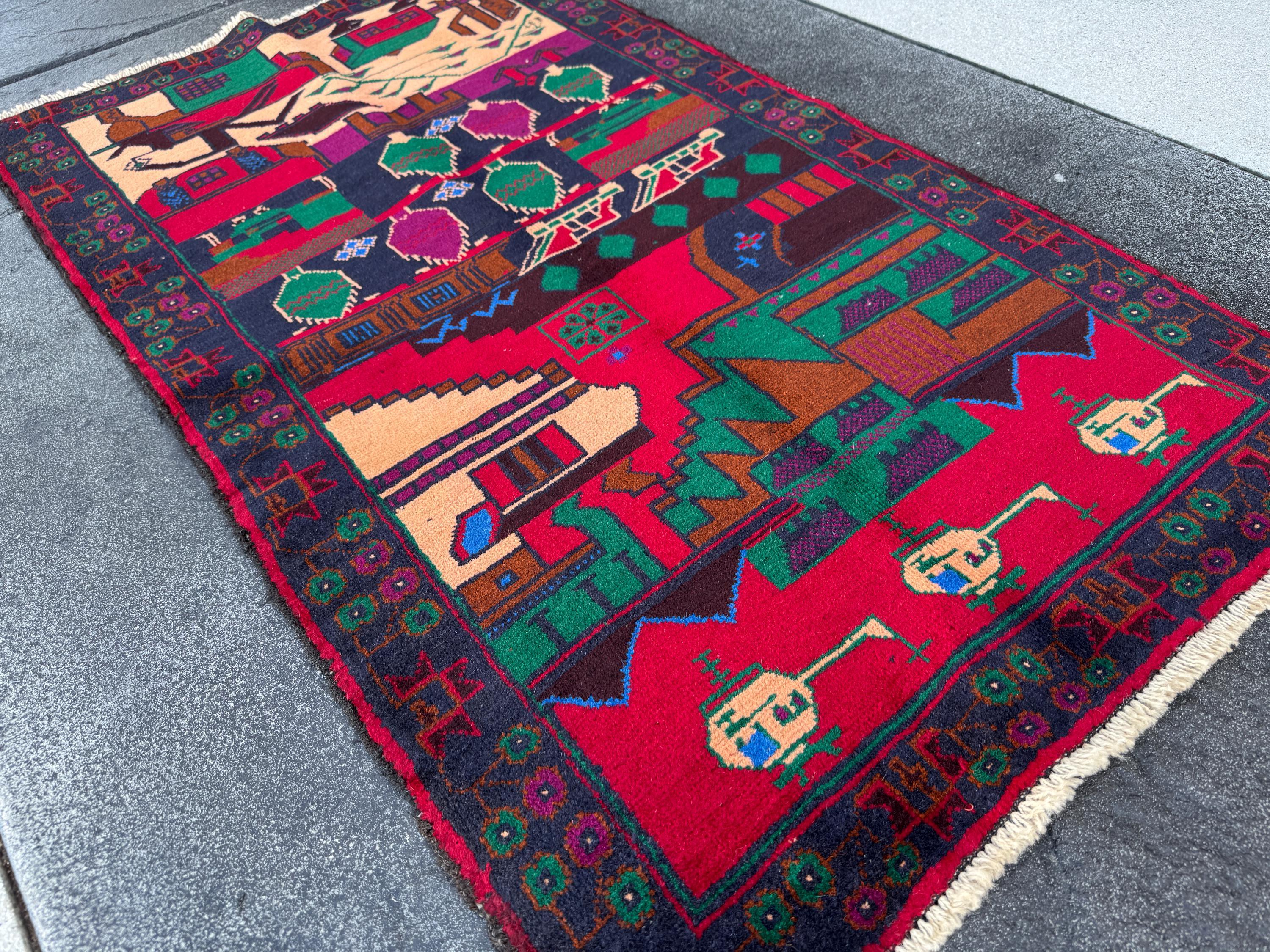 3x5 (91x152) Handmade Vintage Afghan Baluch Rug | Navy Midnight Denim Blue Crimson Maroon Red Plum Purple Forest Green Cream Black | Wool