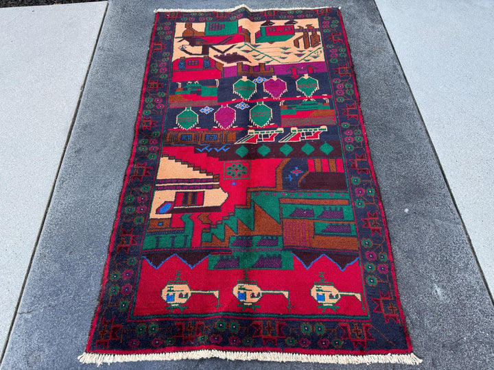 3x5 (91x152) Handmade Vintage Afghan Baluch Rug | Navy Midnight Denim Blue Crimson Maroon Red Plum Purple Forest Green Cream Black | Wool
