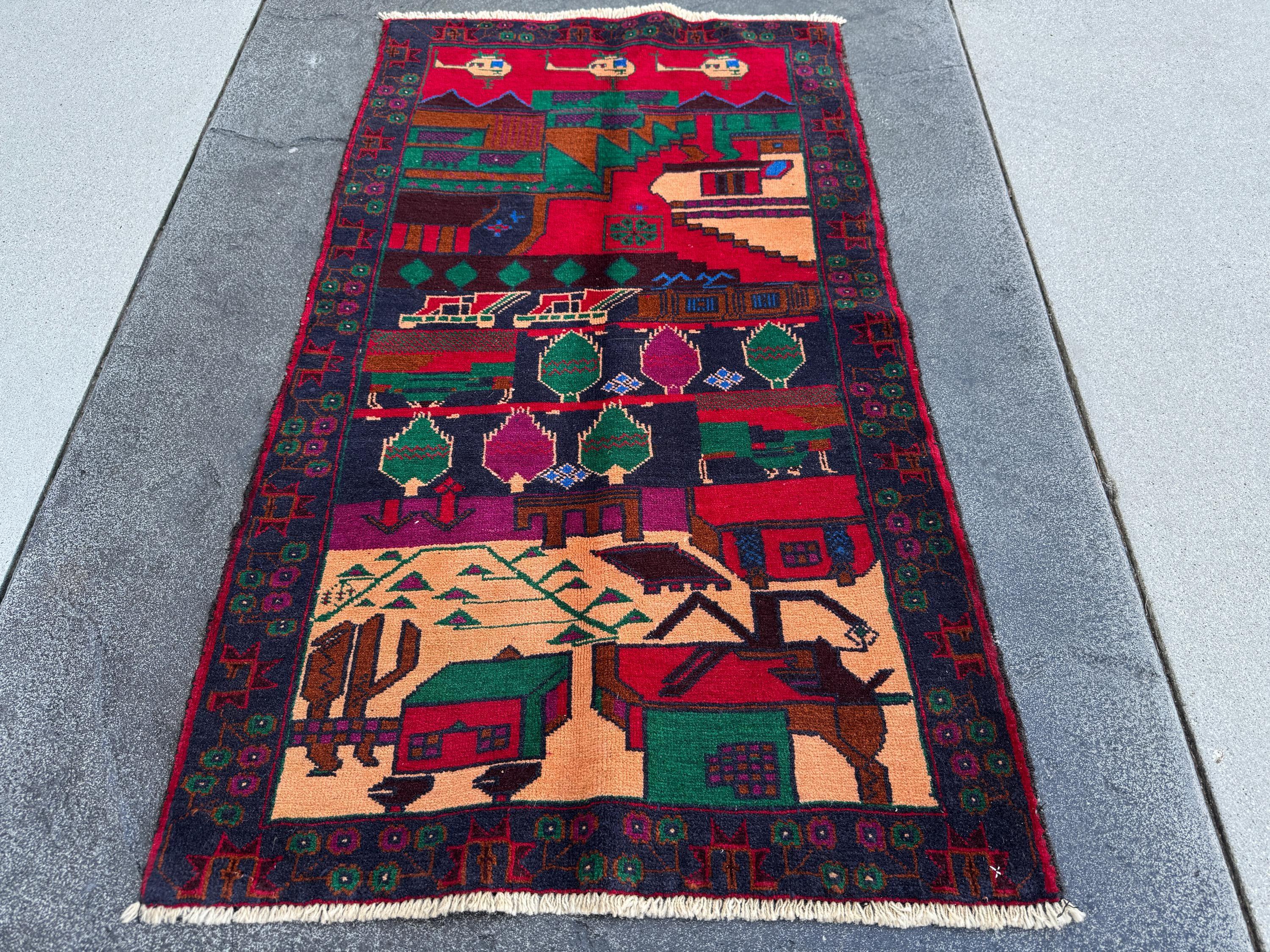 3x5 (91x152) Handmade Vintage Afghan Baluch Rug | Navy Midnight Denim Blue Crimson Maroon Red Plum Purple Forest Green Cream Black | Wool