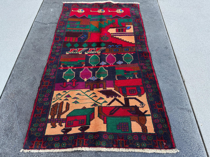3x5 (91x152) Handmade Vintage Afghan Baluch Rug | Navy Midnight Denim Blue Crimson Maroon Red Plum Purple Forest Green Cream Black | Wool