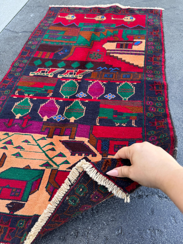 3x5 (91x152) Handmade Vintage Afghan Baluch Rug | Navy Midnight Denim Blue Crimson Maroon Red Plum Purple Forest Green Cream Black | Wool