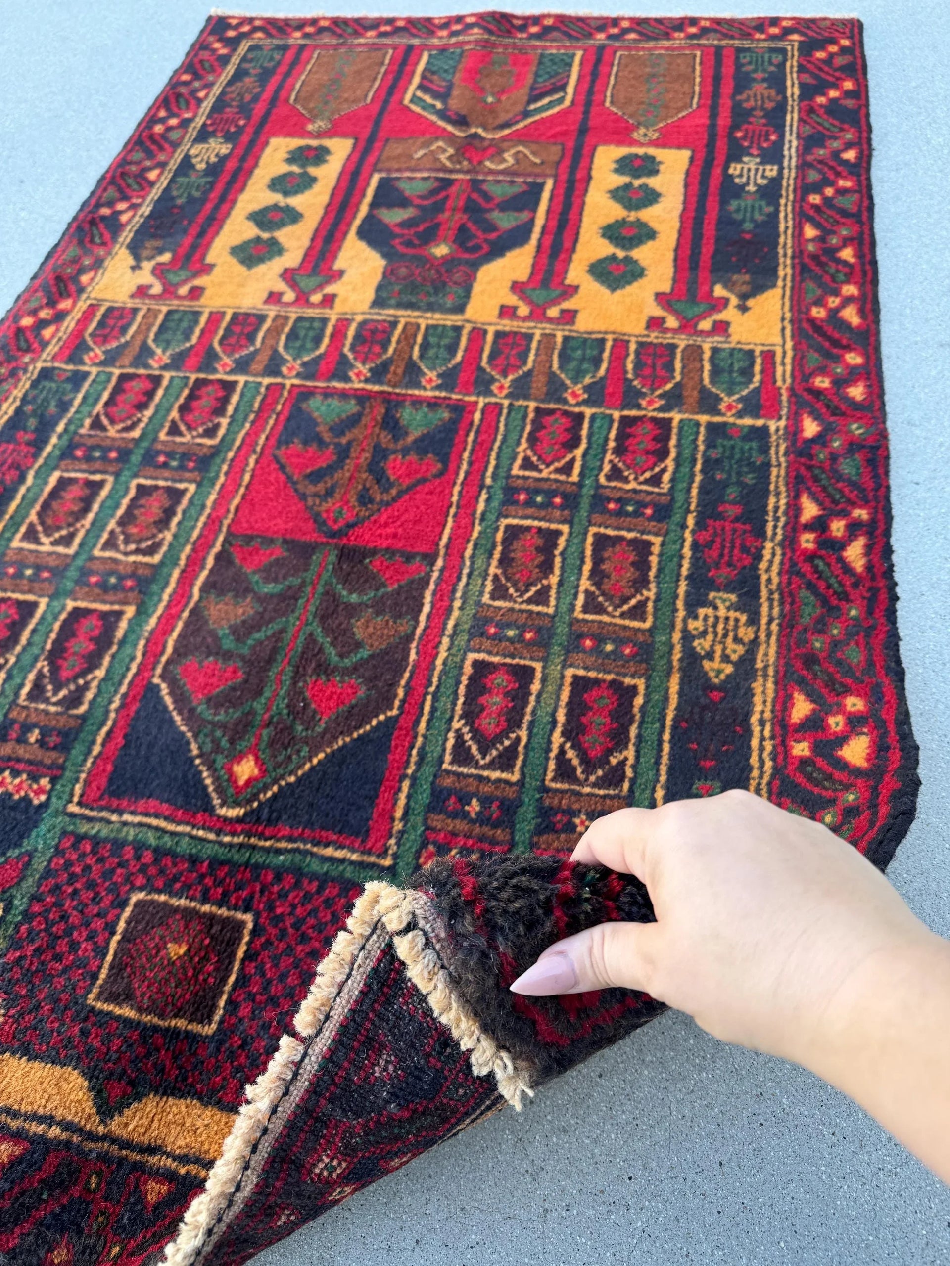 3x4-5 (91x144) Handmade Vintage Afghan Baluch Rug | Crimson Burgundy Maroon Red Gold Mustard Orange Yellow Forest Green Navy Blue Brown Wool