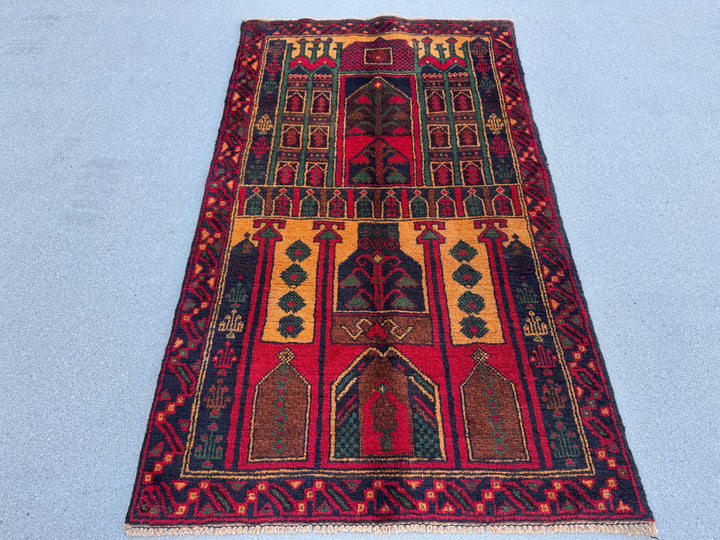 3x4-5 (91x144) Handmade Vintage Afghan Baluch Rug | Crimson Burgundy Maroon Red Gold Mustard Orange Yellow Forest Green Navy Blue Brown Wool