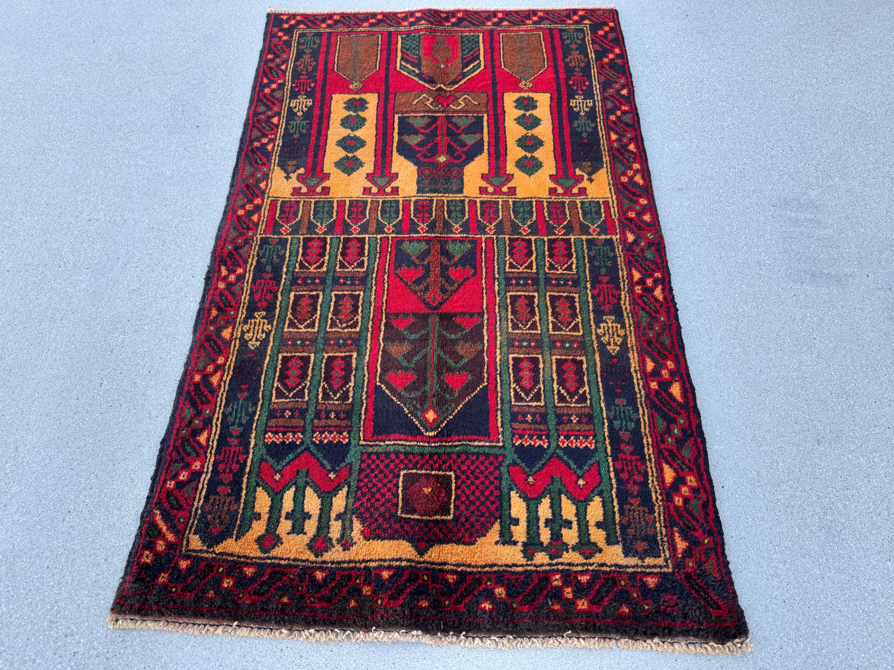 3x4-5 (91x144) Handmade Vintage Afghan Baluch Rug | Crimson Burgundy Maroon Red Gold Mustard Orange Yellow Forest Green Navy Blue Brown Wool