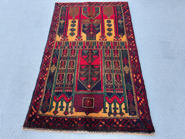 3x4-5 (91x144) Handmade Vintage Afghan Baluch Rug | Crimson Burgundy Maroon Red Gold Mustard Orange Yellow Forest Green Navy Blue Brown Wool