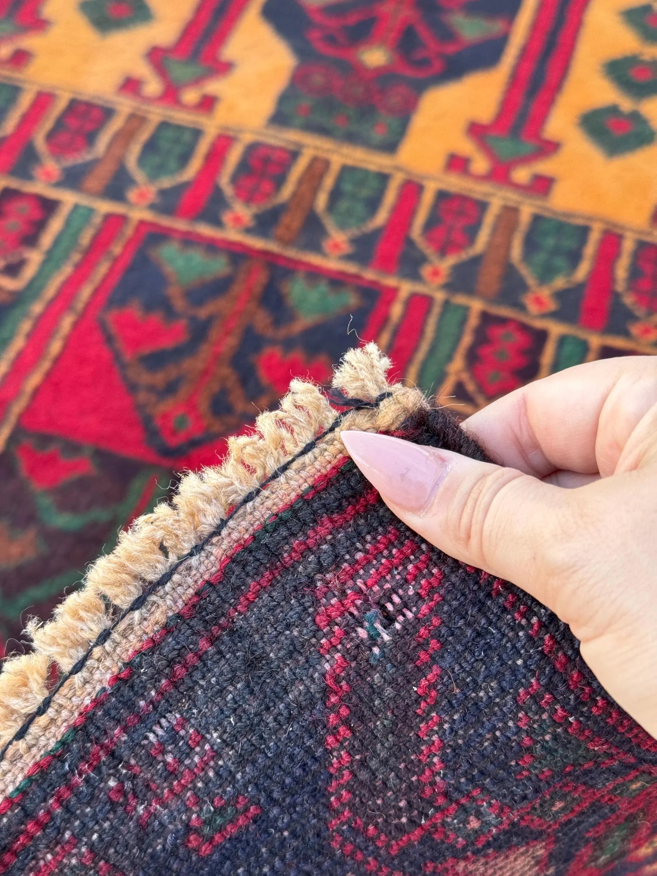 3x4-5 (91x144) Handmade Vintage Afghan Baluch Rug | Crimson Burgundy Maroon Red Gold Mustard Orange Yellow Forest Green Navy Blue Brown Wool