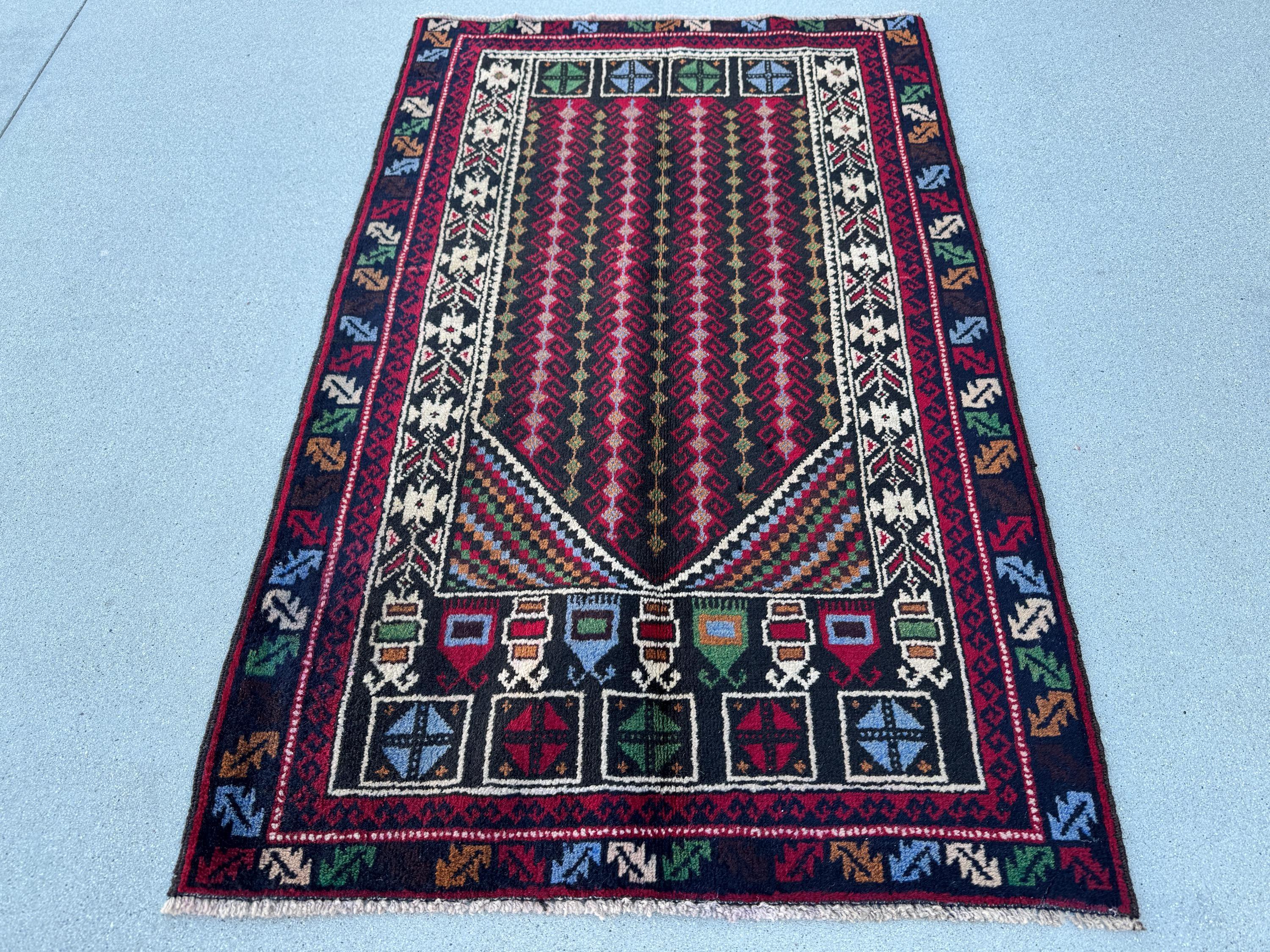3x4-5 (91x144) Handmade Vintage Afghan Baluch Rug | Crimson Red Black Denim Blue Forest Pine Green Cream White Mustard Gold Yellow Purple