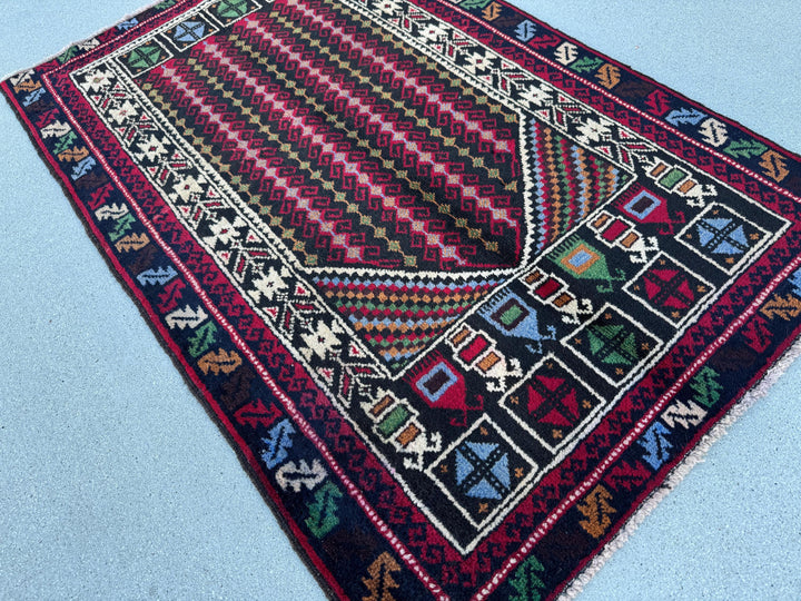 3x4-5 (91x144) Handmade Vintage Afghan Baluch Rug | Crimson Red Black Denim Blue Forest Pine Green Cream White Mustard Gold Yellow Purple