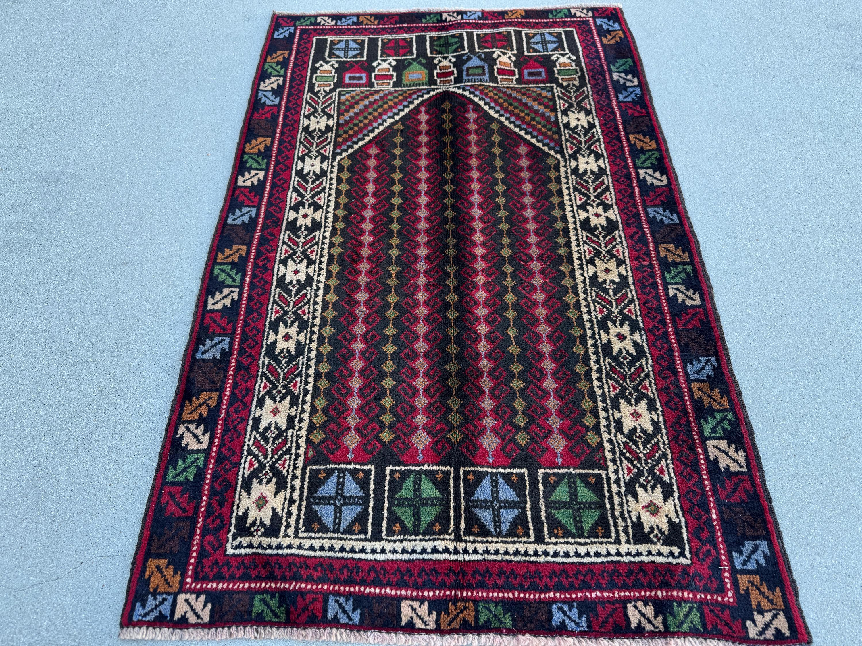 3x4-5 (91x144) Handmade Vintage Afghan Baluch Rug | Crimson Red Black Denim Blue Forest Pine Green Cream White Mustard Gold Yellow Purple