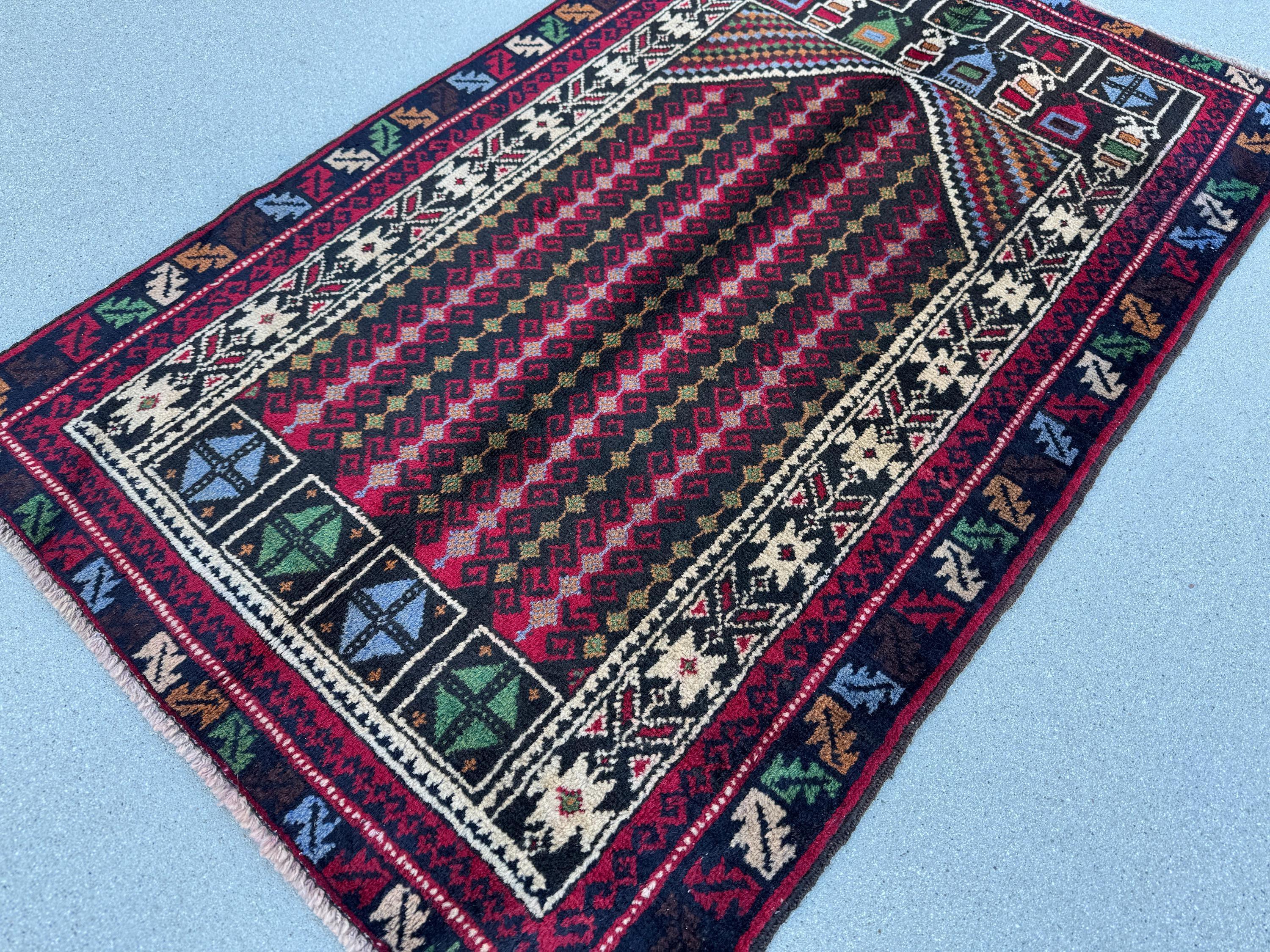 3x4-5 (91x144) Handmade Vintage Afghan Baluch Rug | Crimson Red Black Denim Blue Forest Pine Green Cream White Mustard Gold Yellow Purple