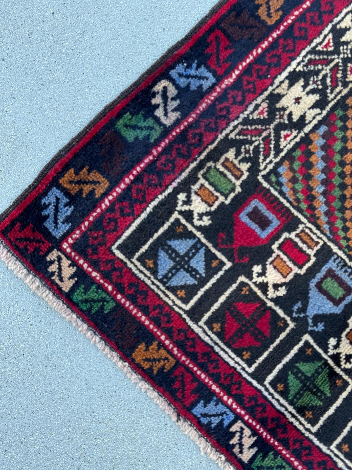 3x4-5 (91x144) Handmade Vintage Afghan Baluch Rug | Crimson Red Black Denim Blue Forest Pine Green Cream White Mustard Gold Yellow Purple
