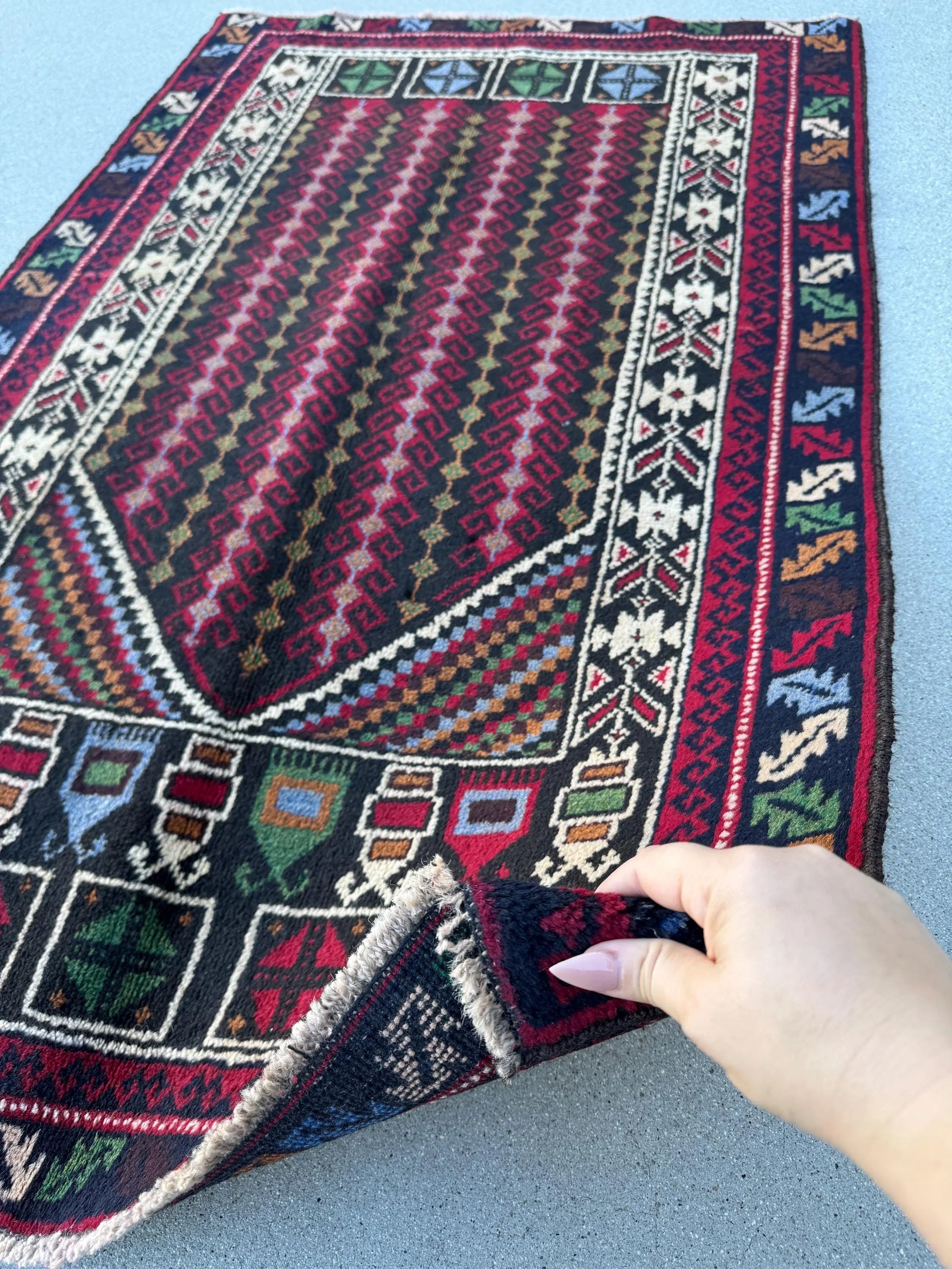 3x4-5 (91x144) Handmade Vintage Afghan Baluch Rug | Crimson Red Black Denim Blue Forest Pine Green Cream White Mustard Gold Yellow Purple