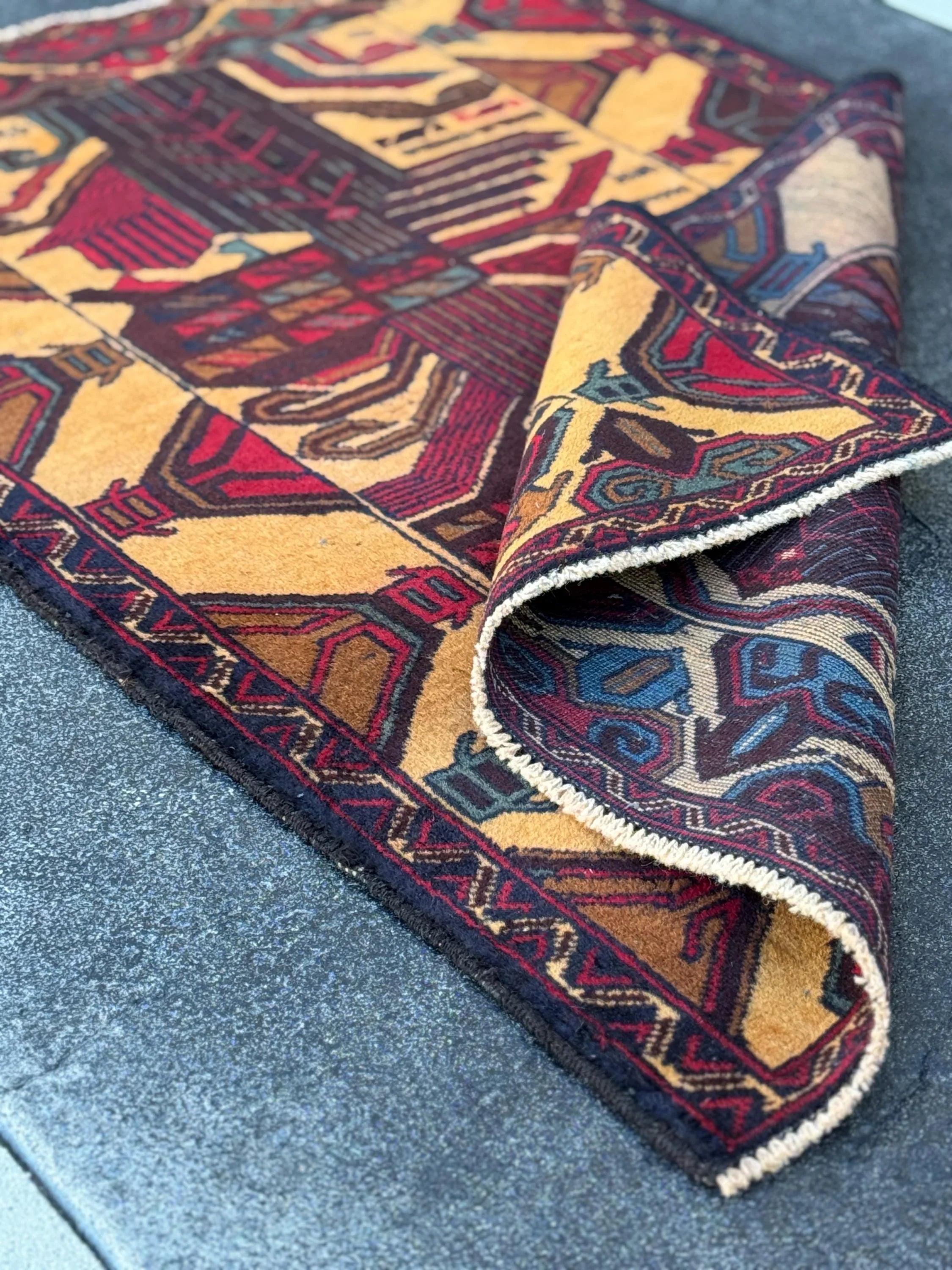 3x4-5 (91x121) Handmade Vintage Afghan Baluch Rug Saffron Gold Mustard Yellow Caramel Coffee Brown Maroon Burgundy Blood Red Denim Navy Blue