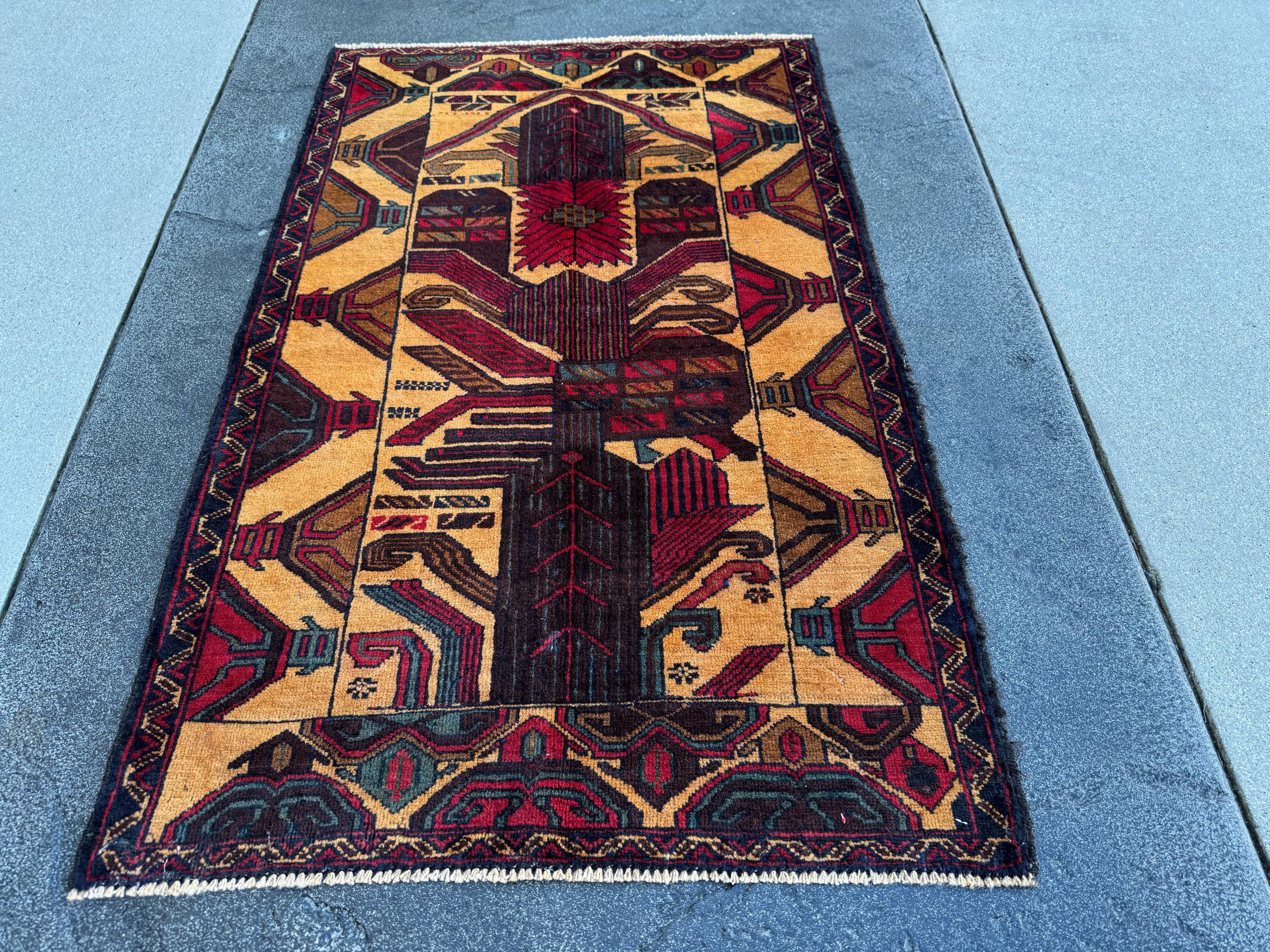 3x4-5 (91x121) Handmade Vintage Afghan Baluch Rug Saffron Gold Mustard Yellow Caramel Coffee Brown Maroon Burgundy Blood Red Denim Navy Blue
