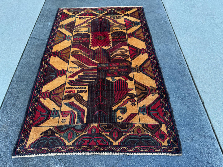 3x4-5 (91x121) Handmade Vintage Afghan Baluch Rug Saffron Gold Mustard Yellow Caramel Coffee Brown Maroon Burgundy Blood Red Denim Navy Blue