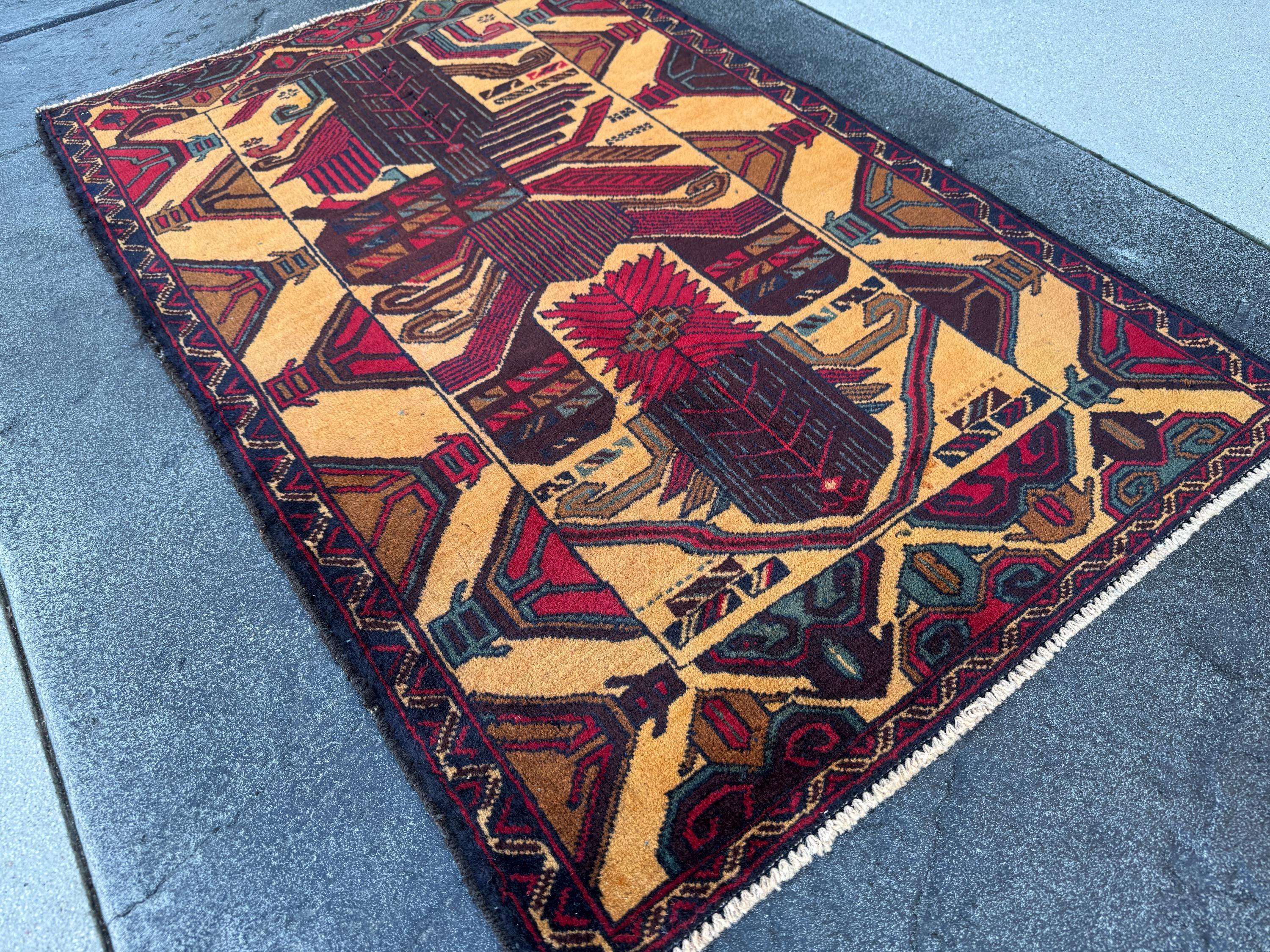 3x4-5 (91x121) Handmade Vintage Afghan Baluch Rug Saffron Gold Mustard Yellow Caramel Coffee Brown Maroon Burgundy Blood Red Denim Navy Blue