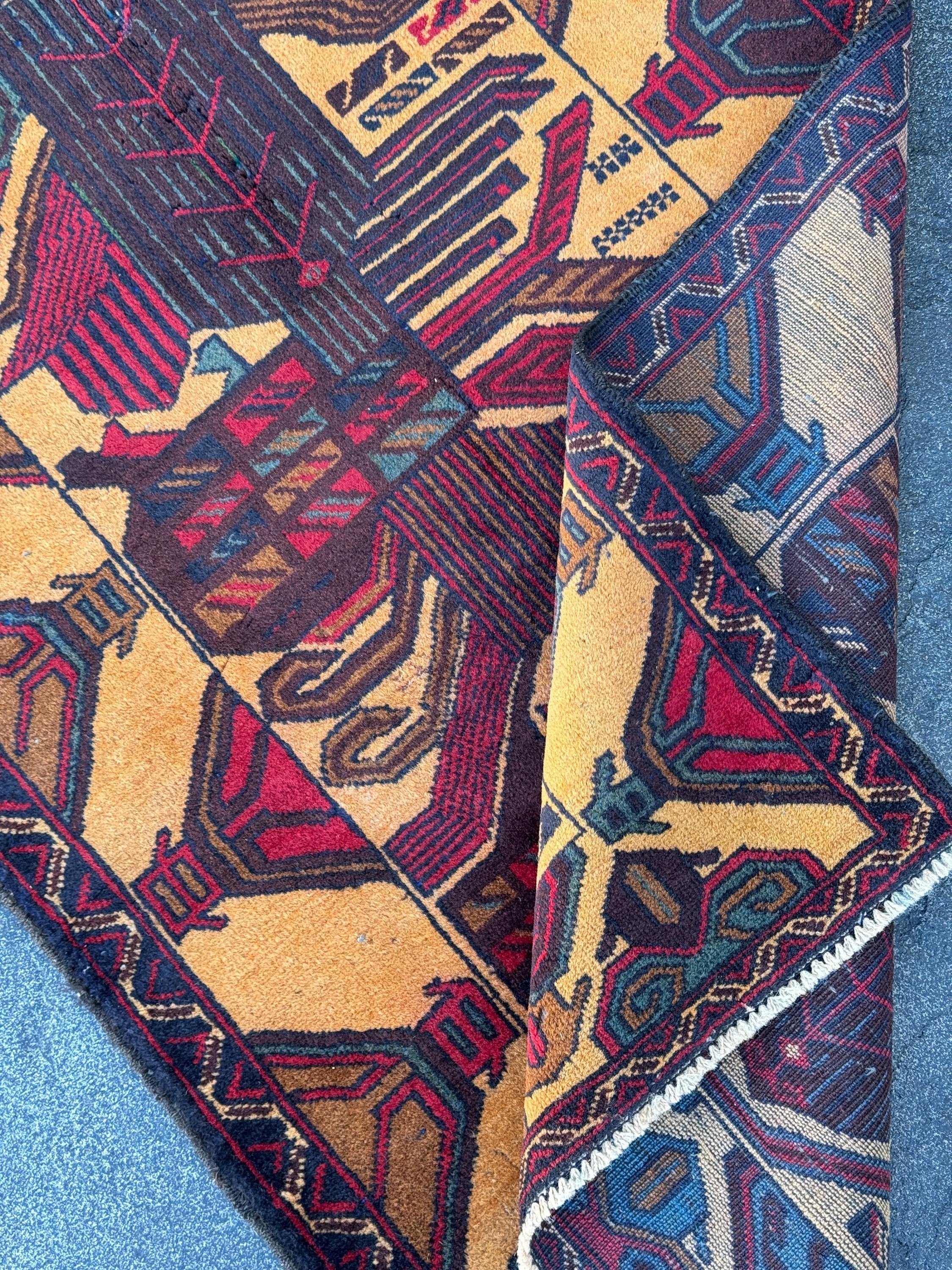 3x4-5 (91x121) Handmade Vintage Afghan Baluch Rug Saffron Gold Mustard Yellow Caramel Coffee Brown Maroon Burgundy Blood Red Denim Navy Blue
