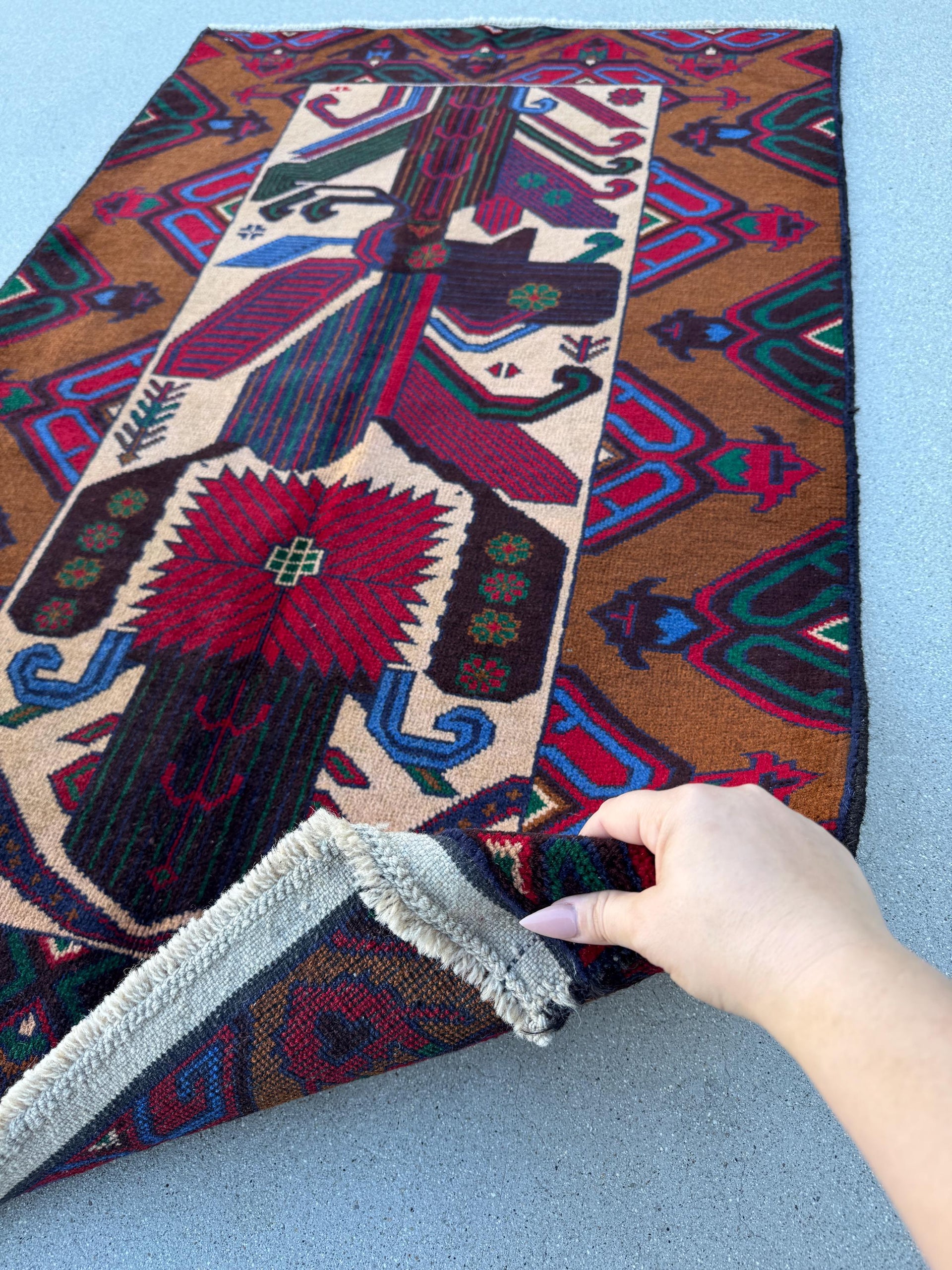 3x5 (91x152) Handmade Vintage Afghan Baluch Rug Caramel Coffee Chocolate Brown Black Crimson Maroon Red Forest Green Denim Navy Blue Cream
