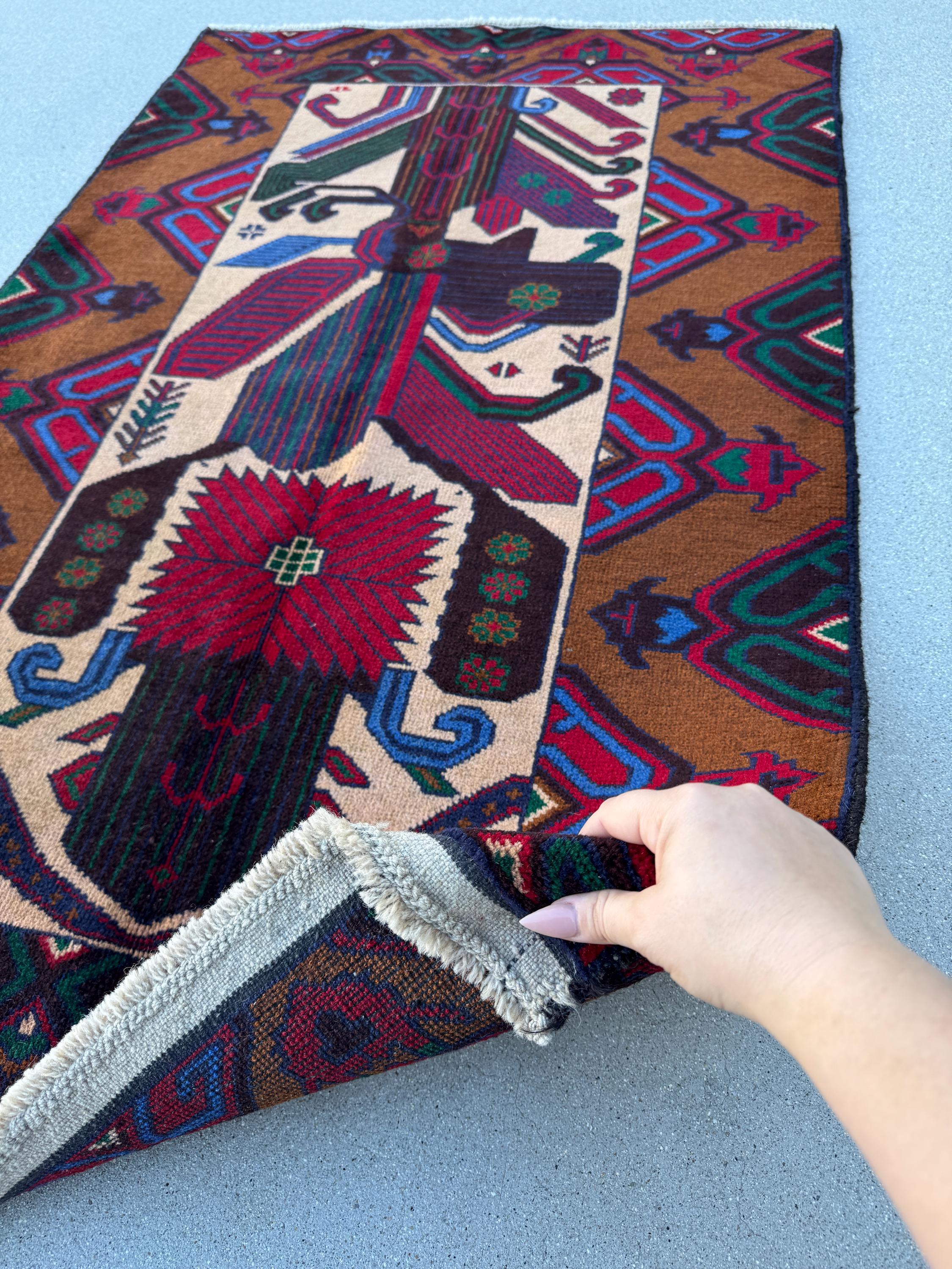 3x5 (91x152) Handmade Vintage Afghan Baluch Rug Caramel Coffee Chocolate Brown Black Crimson Maroon Red Forest Green Denim Navy Blue Cream