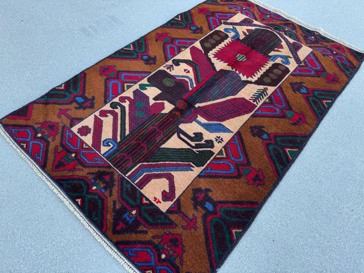 3x5 (91x152) Handmade Vintage Afghan Baluch Rug Caramel Coffee Chocolate Brown Black Crimson Maroon Red Forest Green Denim Navy Blue Cream