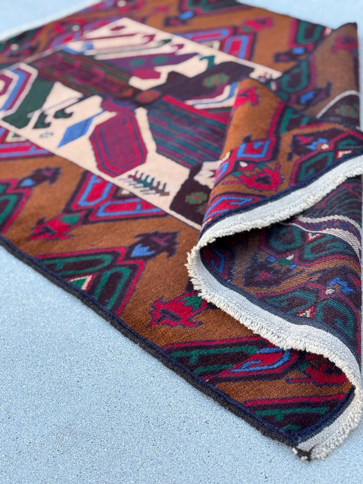 3x5 (91x152) Handmade Vintage Afghan Baluch Rug Caramel Coffee Chocolate Brown Black Crimson Maroon Red Forest Green Denim Navy Blue Cream