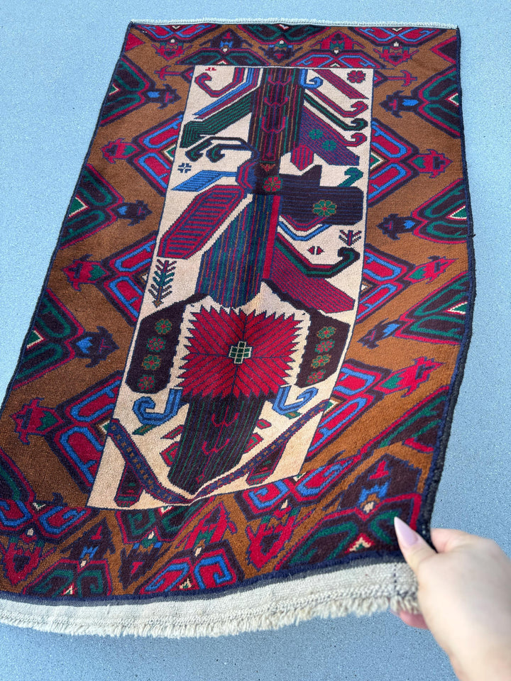 3x5 (91x152) Handmade Vintage Afghan Baluch Rug Caramel Coffee Chocolate Brown Black Crimson Maroon Red Forest Green Denim Navy Blue Cream