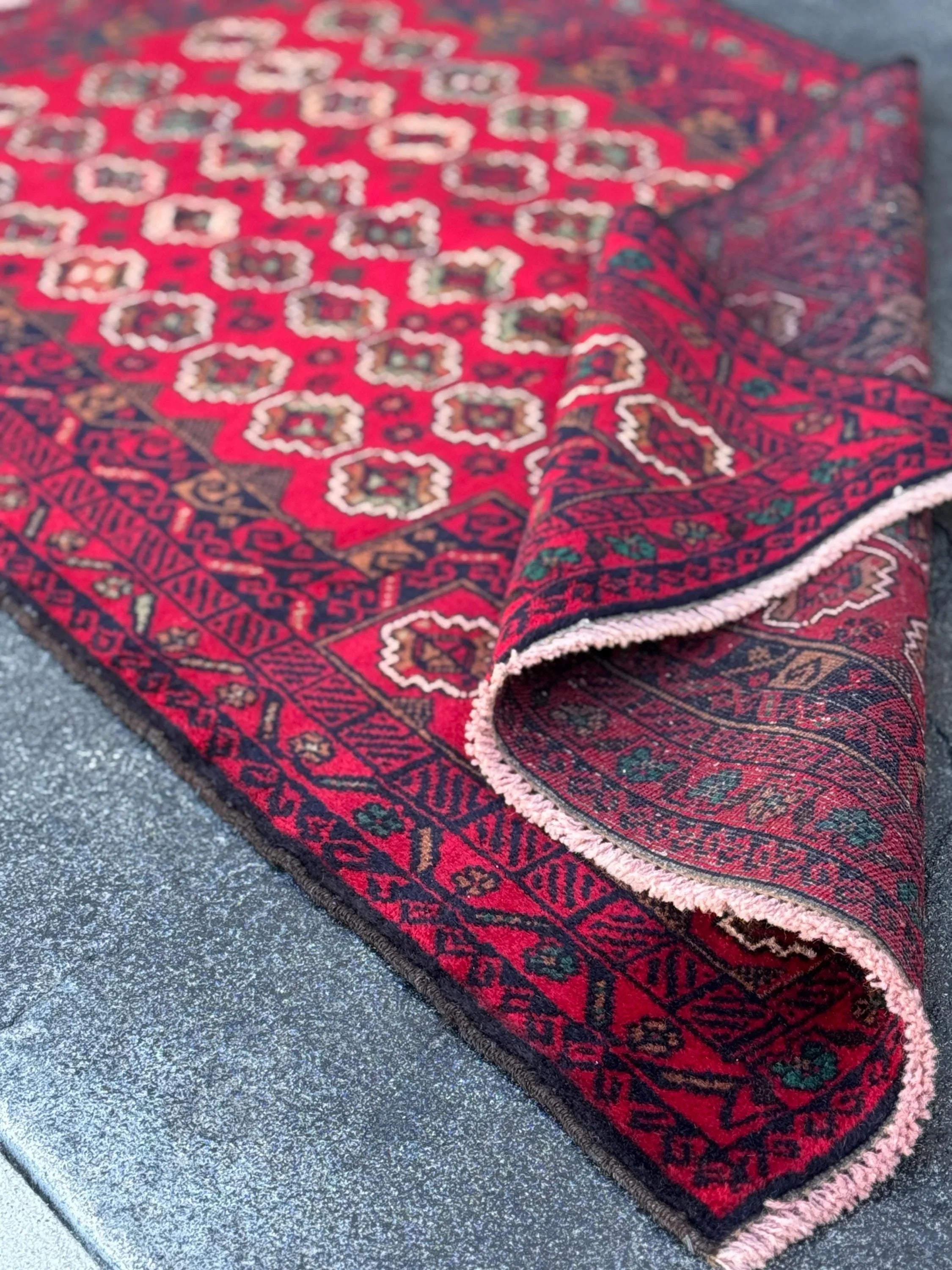 3x5 (91x152) Handmade Vintage Afghan Baluch Rug | Crimson Blood Burgundy Red Midnight Blue Cream White Caramel Brown Forest Mint Green Wool