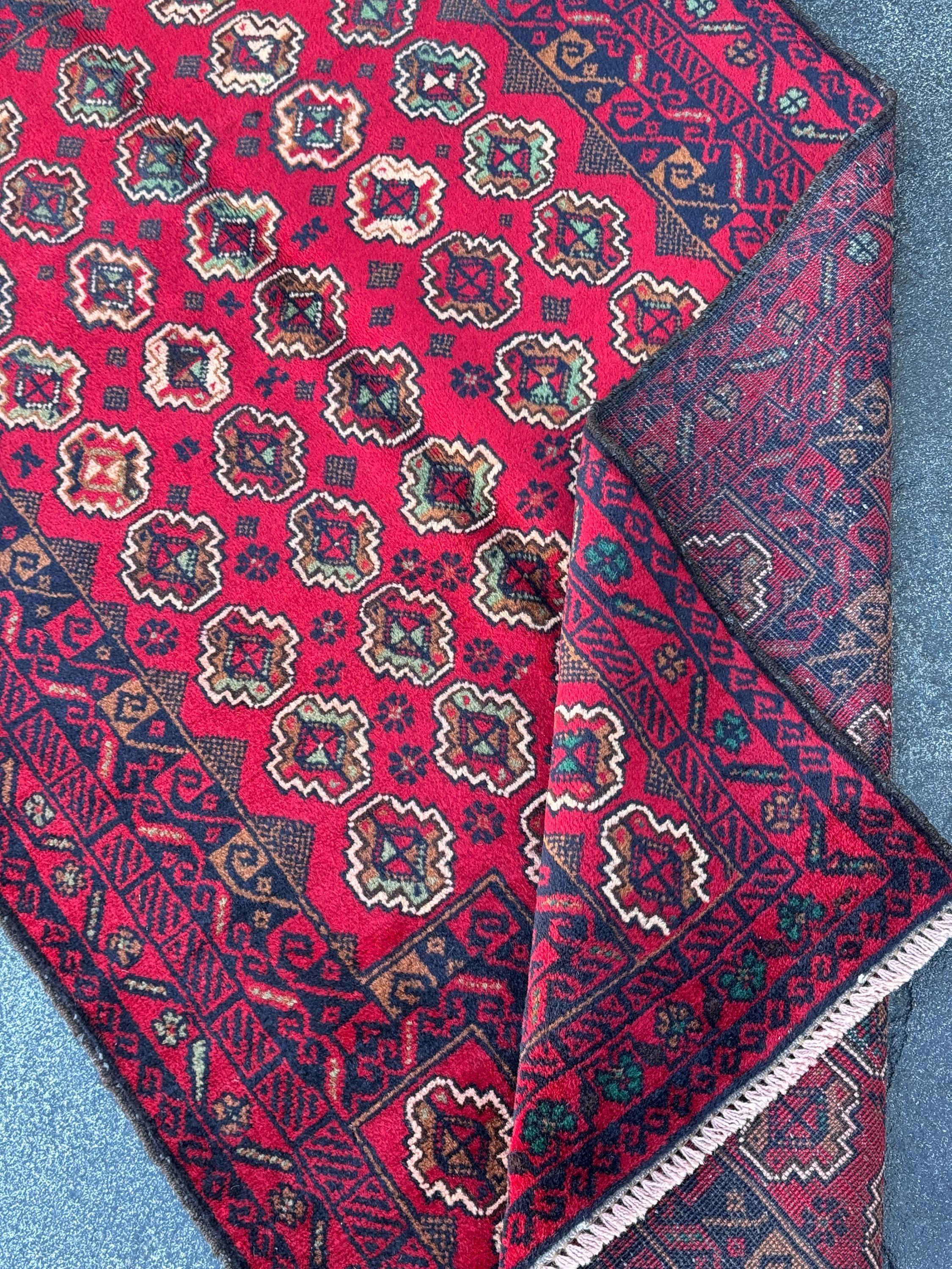 3x5 (91x152) Handmade Vintage Afghan Baluch Rug | Crimson Blood Burgundy Red Midnight Blue Cream White Caramel Brown Forest Mint Green Wool