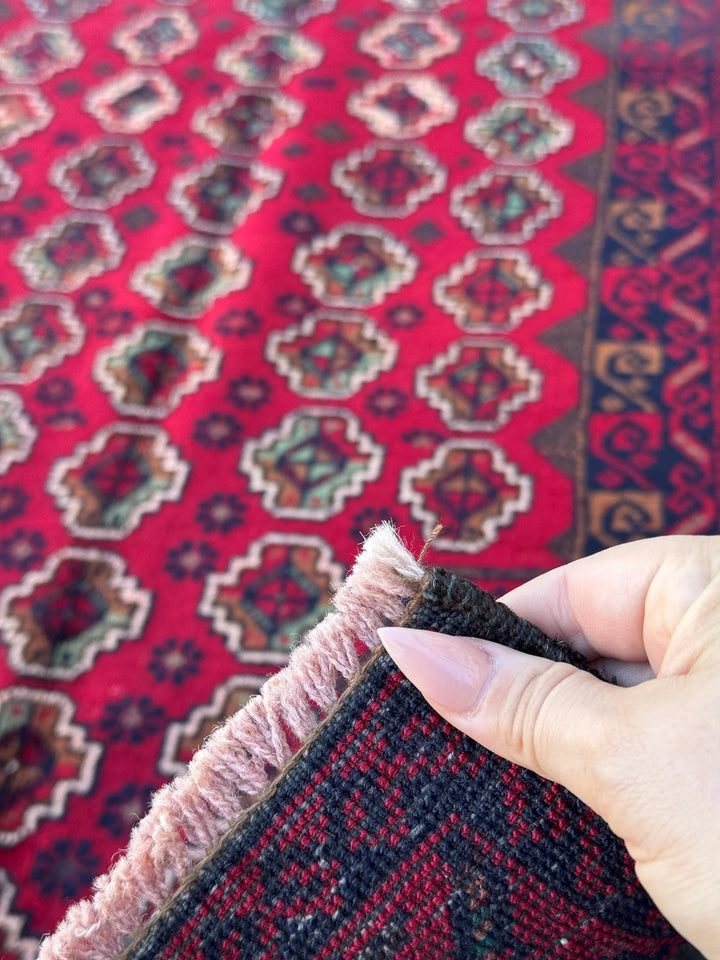 3x5 (91x152) Handmade Vintage Afghan Baluch Rug | Crimson Blood Burgundy Red Midnight Blue Cream White Caramel Brown Forest Mint Green Wool