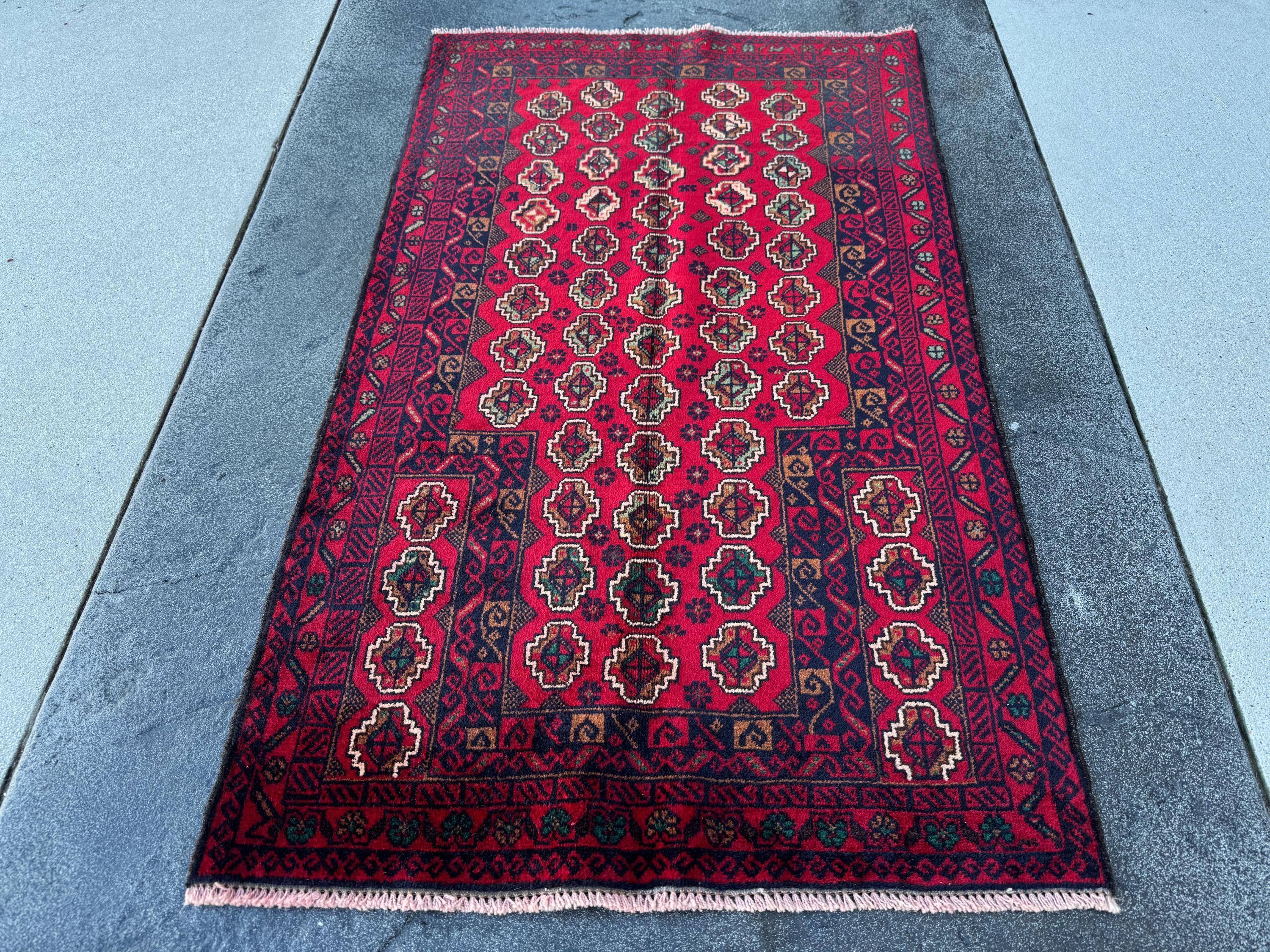 3x5 (91x152) Handmade Vintage Afghan Baluch Rug | Crimson Blood Burgundy Red Midnight Blue Cream White Caramel Brown Forest Mint Green Wool