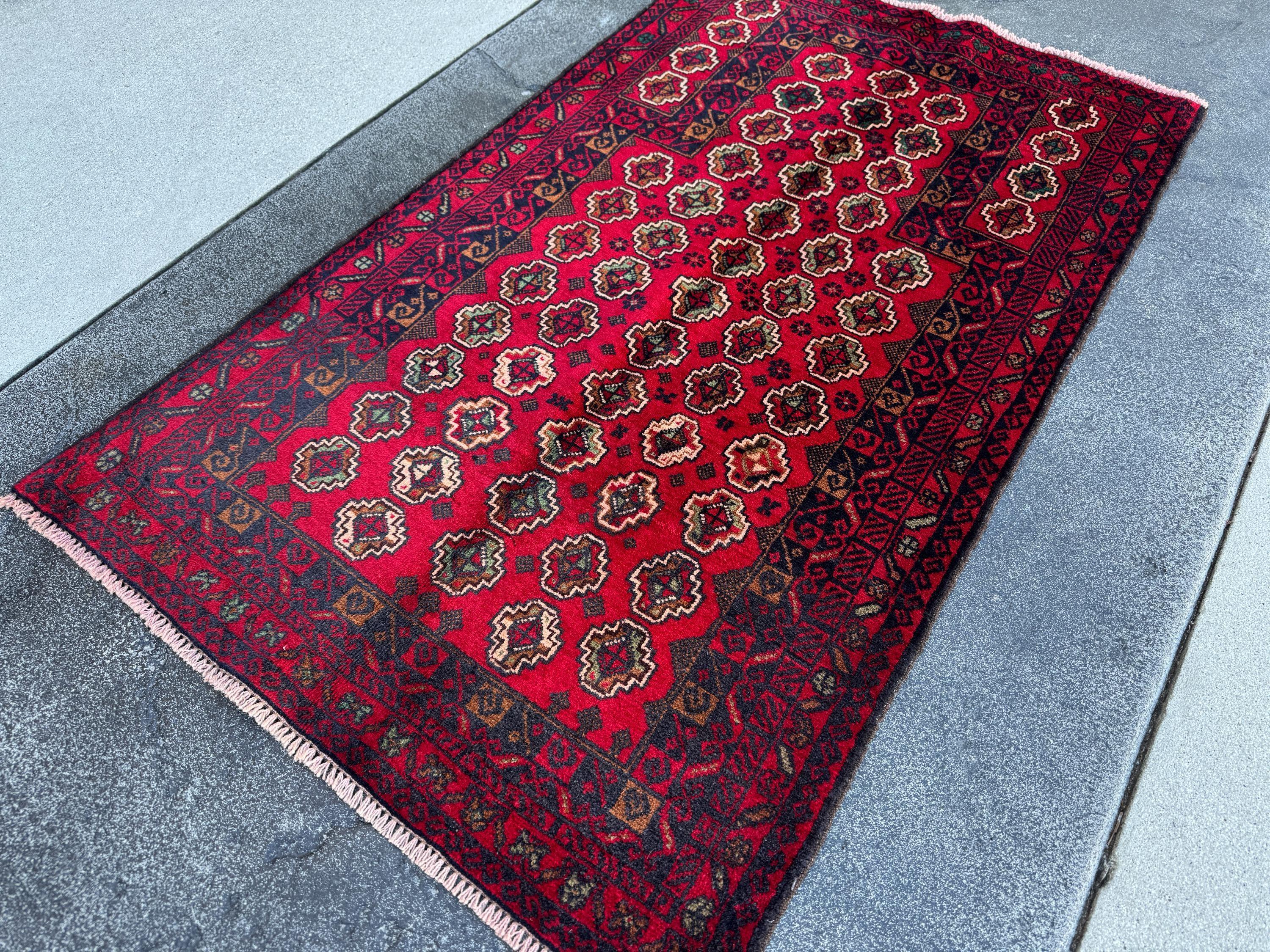 3x5 (91x152) Handmade Vintage Afghan Baluch Rug | Crimson Blood Burgundy Red Midnight Blue Cream White Caramel Brown Forest Mint Green Wool