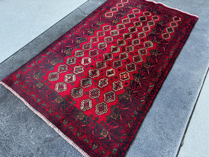 3x5 (91x152) Handmade Vintage Afghan Baluch Rug | Crimson Blood Burgundy Red Midnight Blue Cream White Caramel Brown Forest Mint Green Wool