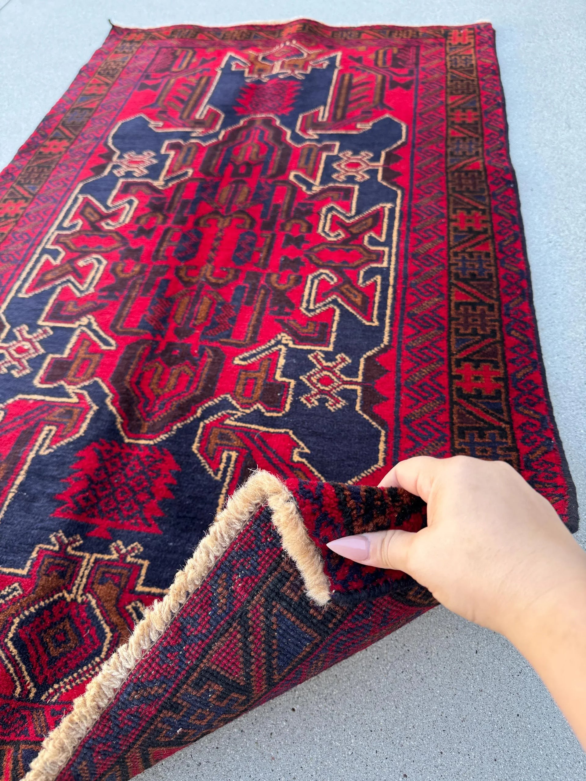 3x5 (91x152) Handmade Vintage Afghan Baluch Rug | Crimson Scarlet Maroon Burgundy Red Caramel Brown Navy Blue White Cream Black | Wool